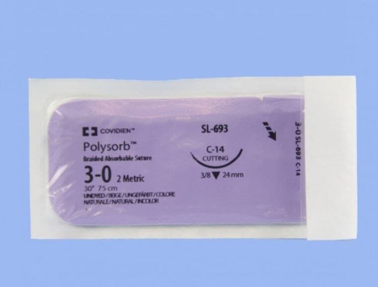 Medtronic Polysorb Absorbable Suture, 3-0, 30" Polyester Braid, C-14 Reverse Cutting 3/8 Circle Needle 24mm, Undyed, 36/Case - Suture Polysorb Undyed C-14 - Image 1