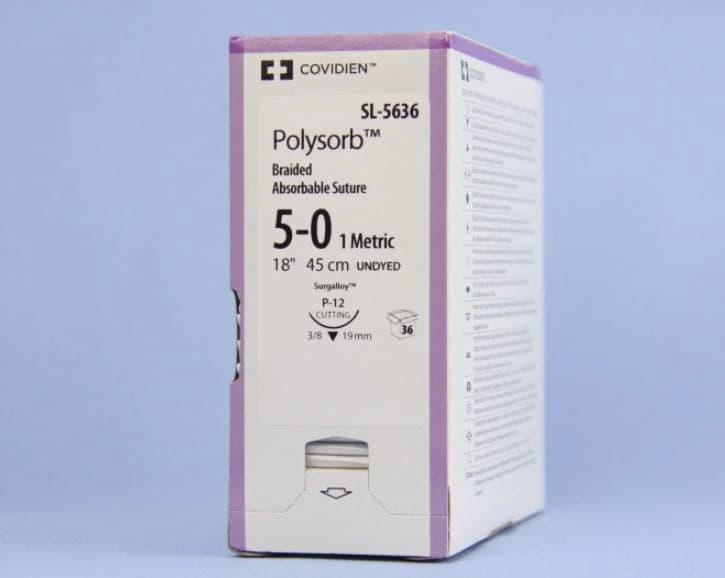 Medtronic Polysorb Absorbable Suture, 5-0, 18", P-12 Premium Reverse Cutting 3/8 Circle Needle 19mm, Undyed, 36/Case - Suture Polysorb Undyed P-12 - Image 1
