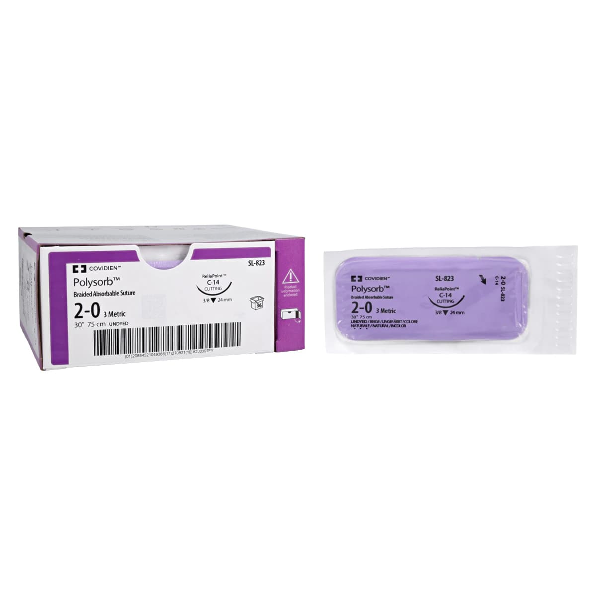 Medtronic Polysorb Absorbable Suture, 2-0, 30" Polyester Braid, C-14 Reverse Cutting 3/8 Circle Needle 24mm, Undyed, 36/Case - Suture Polysorb Undyed C-14 - Image 1
