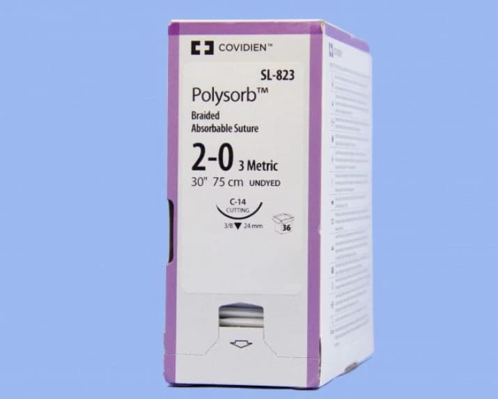 Medtronic Polysorb Absorbable Suture, 2-0, 30" Polyester Braid, C-14 Reverse Cutting 3/8 Circle Needle 24mm, Undyed, 36/Case thumbnail 2