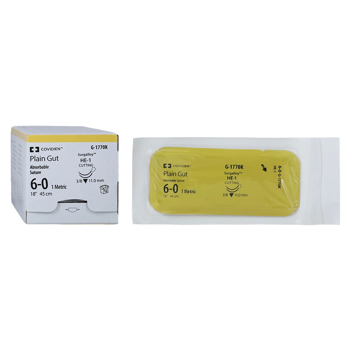 Surgigut Plain Gut Suture, 6-0, 18", Undyed, HE-1 Reverse Cutting 3/8 Circle Needle 11mm, 12/Case - Suture Plain Gut Undyed He-1 - Image 1