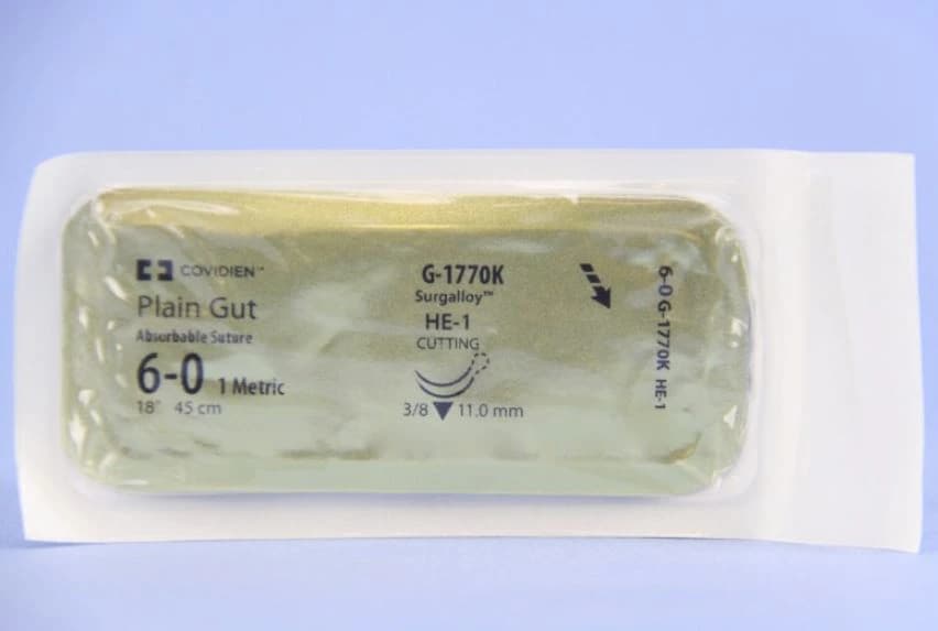 Surgigut Plain Gut Suture, 6-0, 18", Undyed, HE-1 Reverse Cutting 3/8 Circle Needle 11mm, 12/Case thumbnail 2