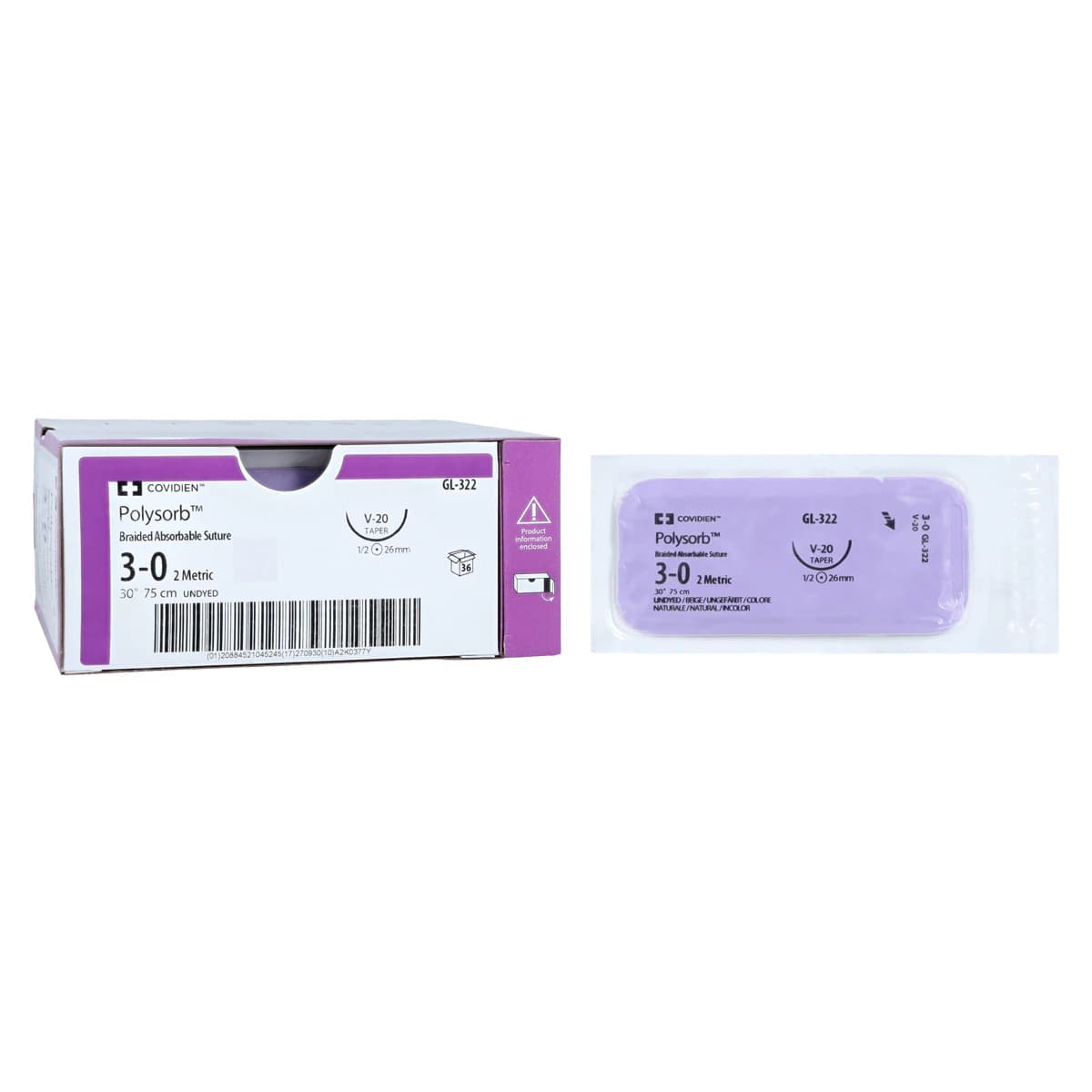Medtronic Polysorb Suture, 3-0, 30", Undyed, V-20 Taper Point 1/2 Circle Needle 26mm, Coated, 36/Case - Suture Polysorb Undyed V-20 - Image 1