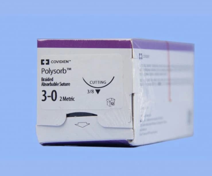 Medtronic Polysorb Suture, 3-0, 18" Polyester Braid, Absorbable, P-14 Premium Reverse Cutting 3/8 Circle Needle 24mm, Coated, Undyed, 12/Case - Suture Polysorb Undyed P-14 - Image 1