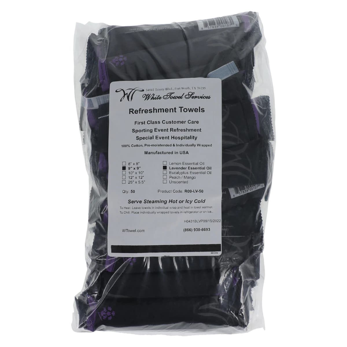 White Towel Services Aromatherapy Refreshment Towels, Lavender Scented, 9" x 9", 500/Case, R09-LV-500 - White Towel Services Refreshment Towels - Image 1