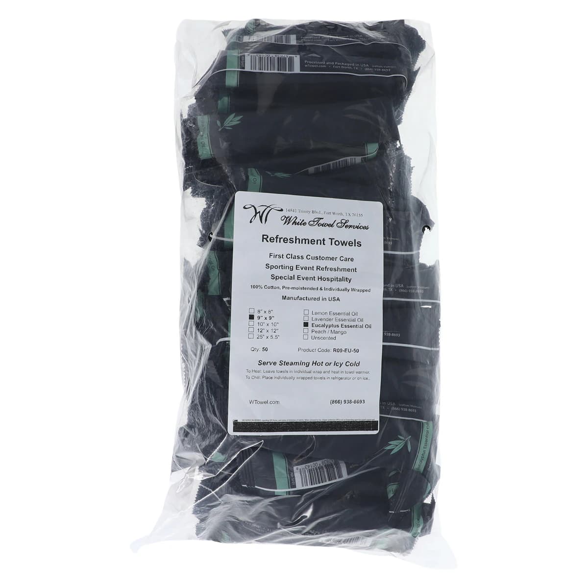 White Towel Services Refreshment Towels, 100% Cotton, Pre-Moistened, 9x9 in, Black, 500/Case - White Towel Services Refreshment Towels - Image 1