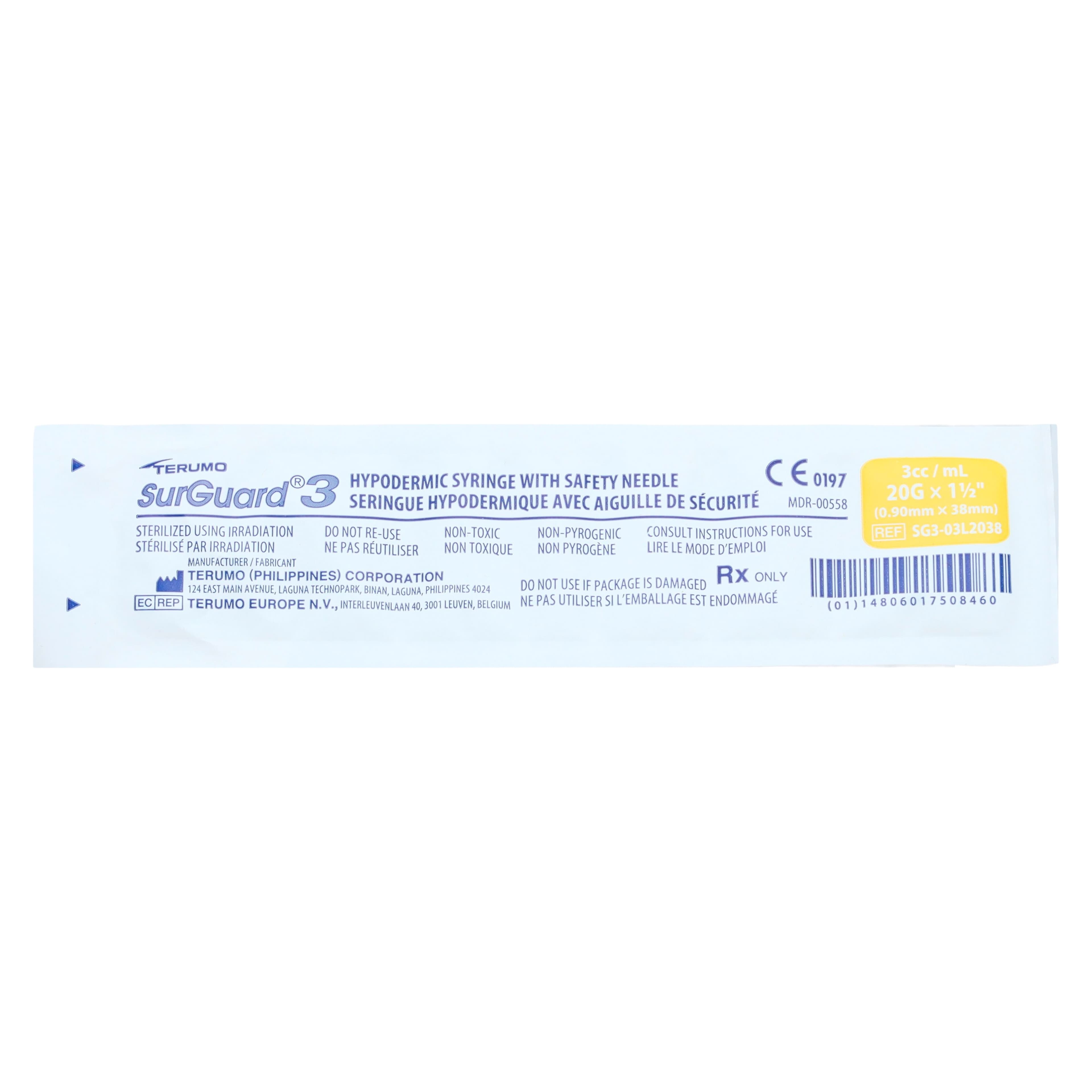Terumo Surguard3 Syringe/Needle, Hypodermic, 20G x 1-1/2", 3cc, Yellow, Safety, Sterile, Latex-Free, 100/Box thumbnail 8