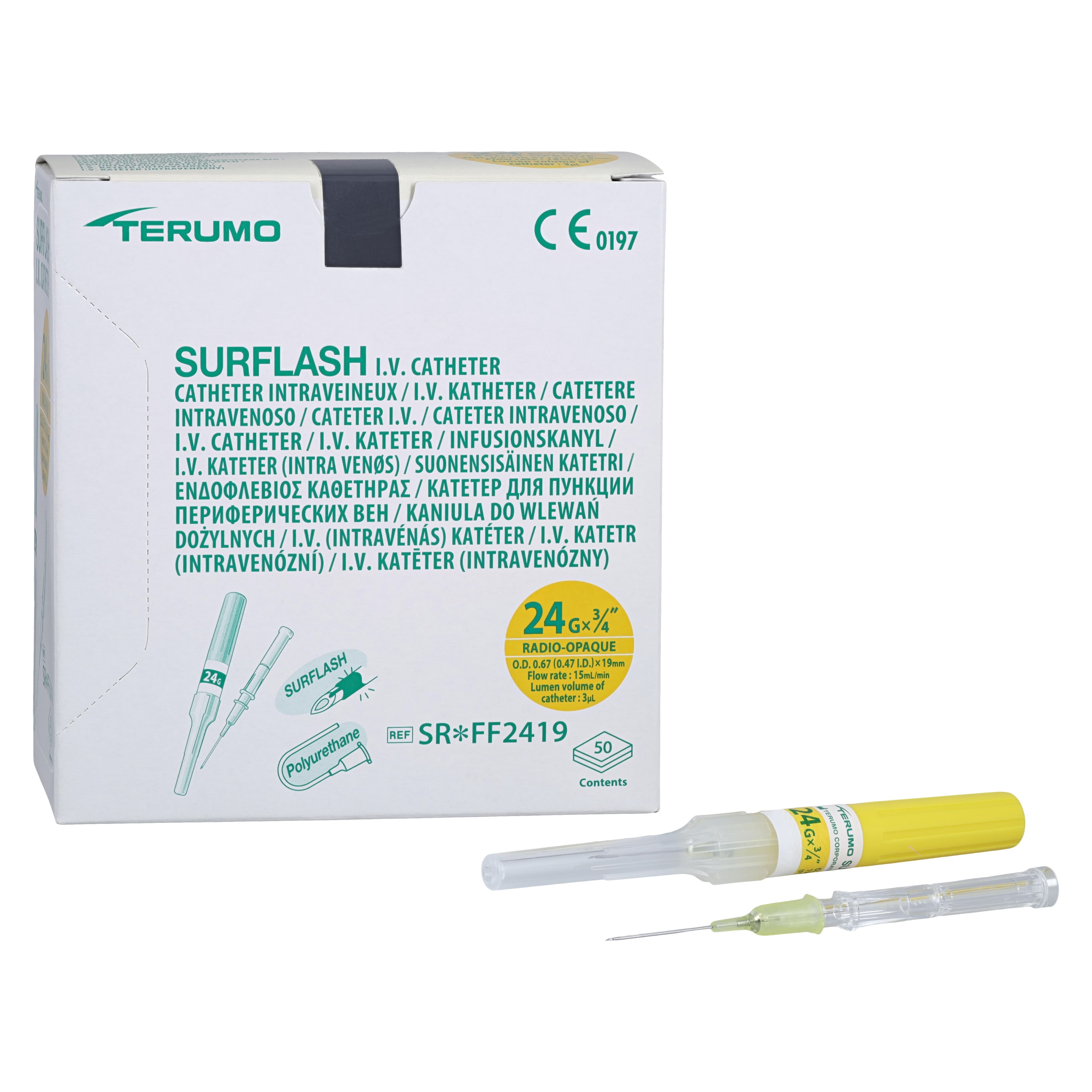 Terumo SurFlash IV Catheter, 24 Gauge x 3/4", Polyurethane, Sterile, Latex-Free, Yellow, 50/Box thumbnail 3