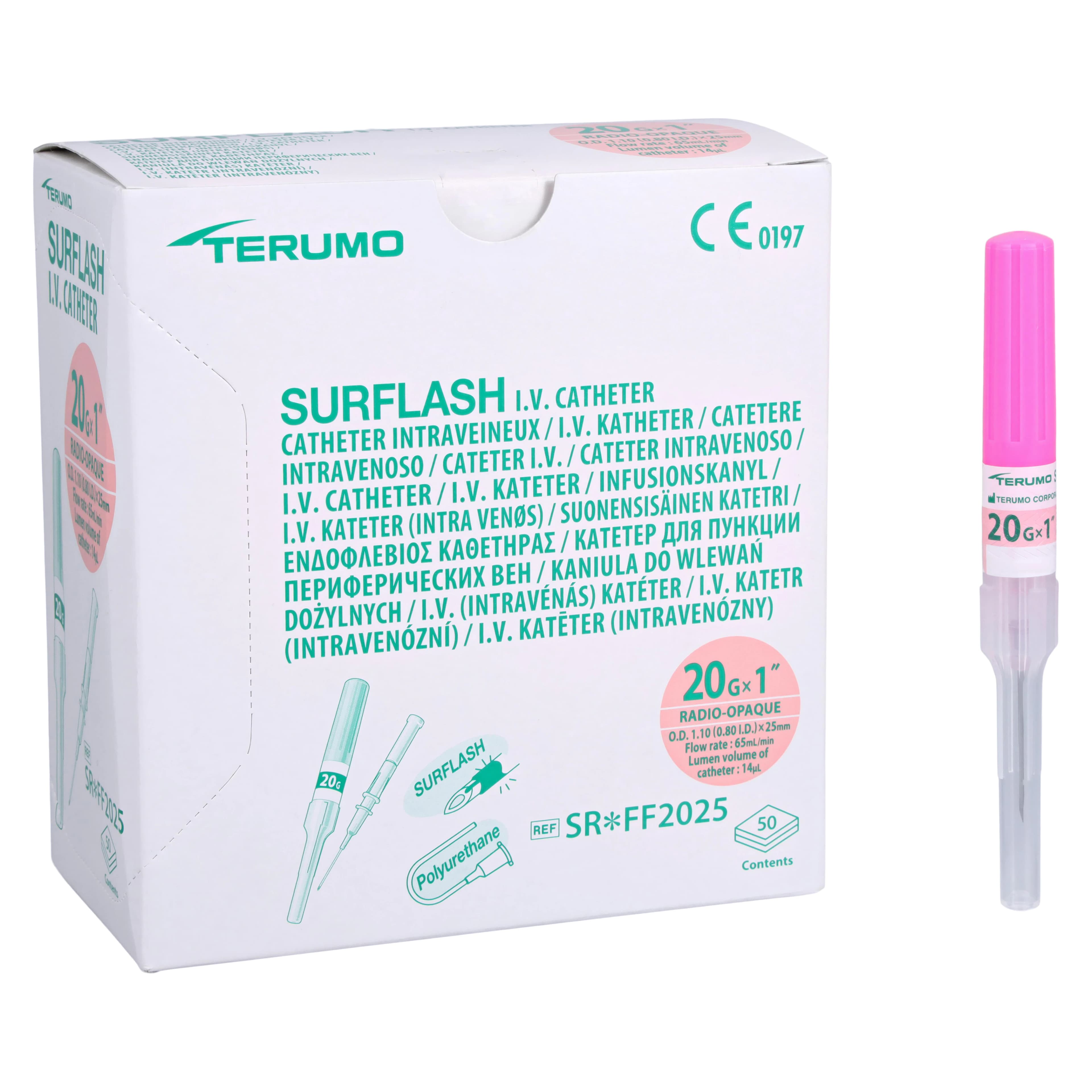 Terumo SurFlash IV Catheter, 20 Gauge x 1", Polyurethane, Sterile, Latex-Free, Pink, 50/Box thumbnail 2