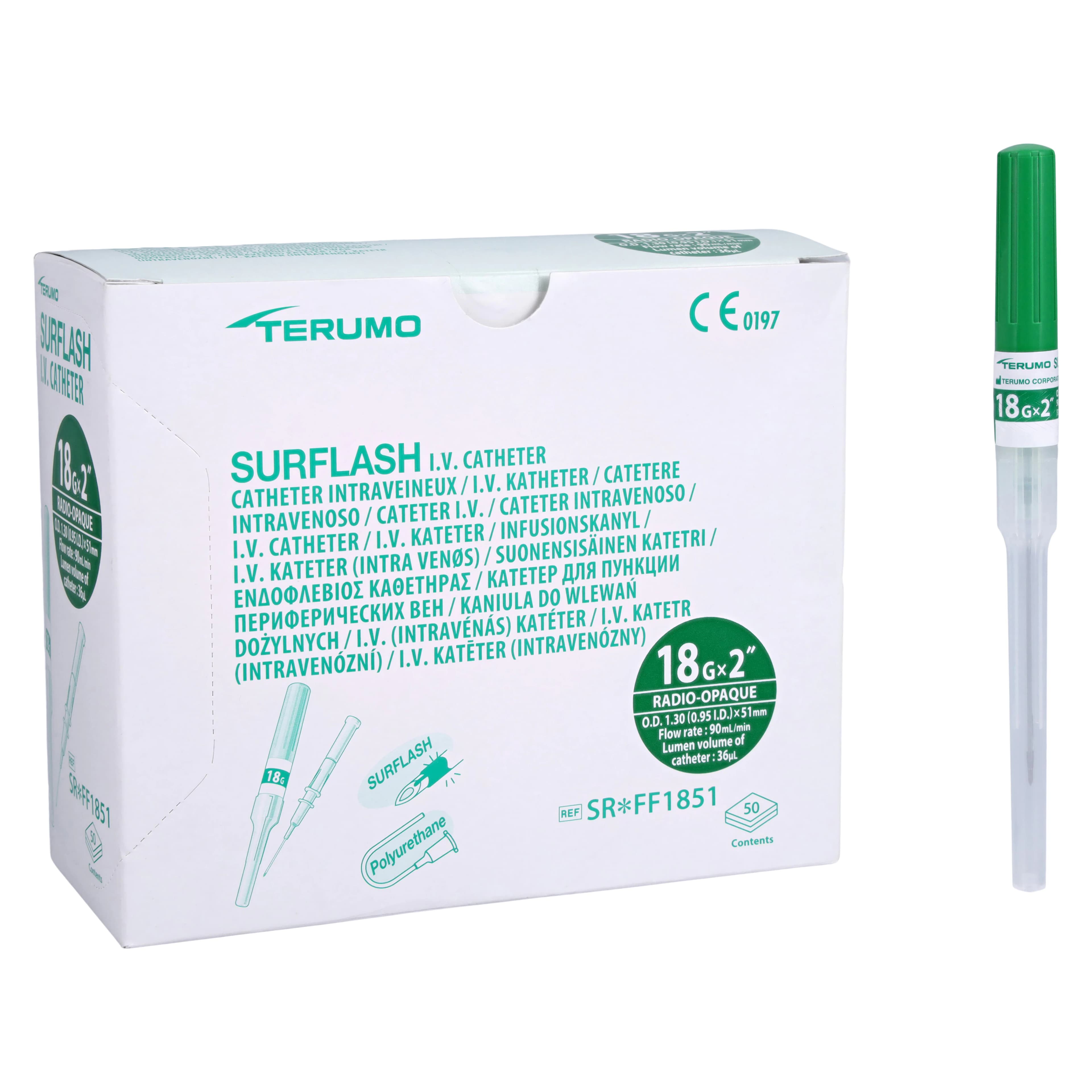 Terumo SurFlash IV Catheter, 18 Gauge, 2" Length, Polyurethane, Sterile, Latex-Free, Green, 50/Box thumbnail 2