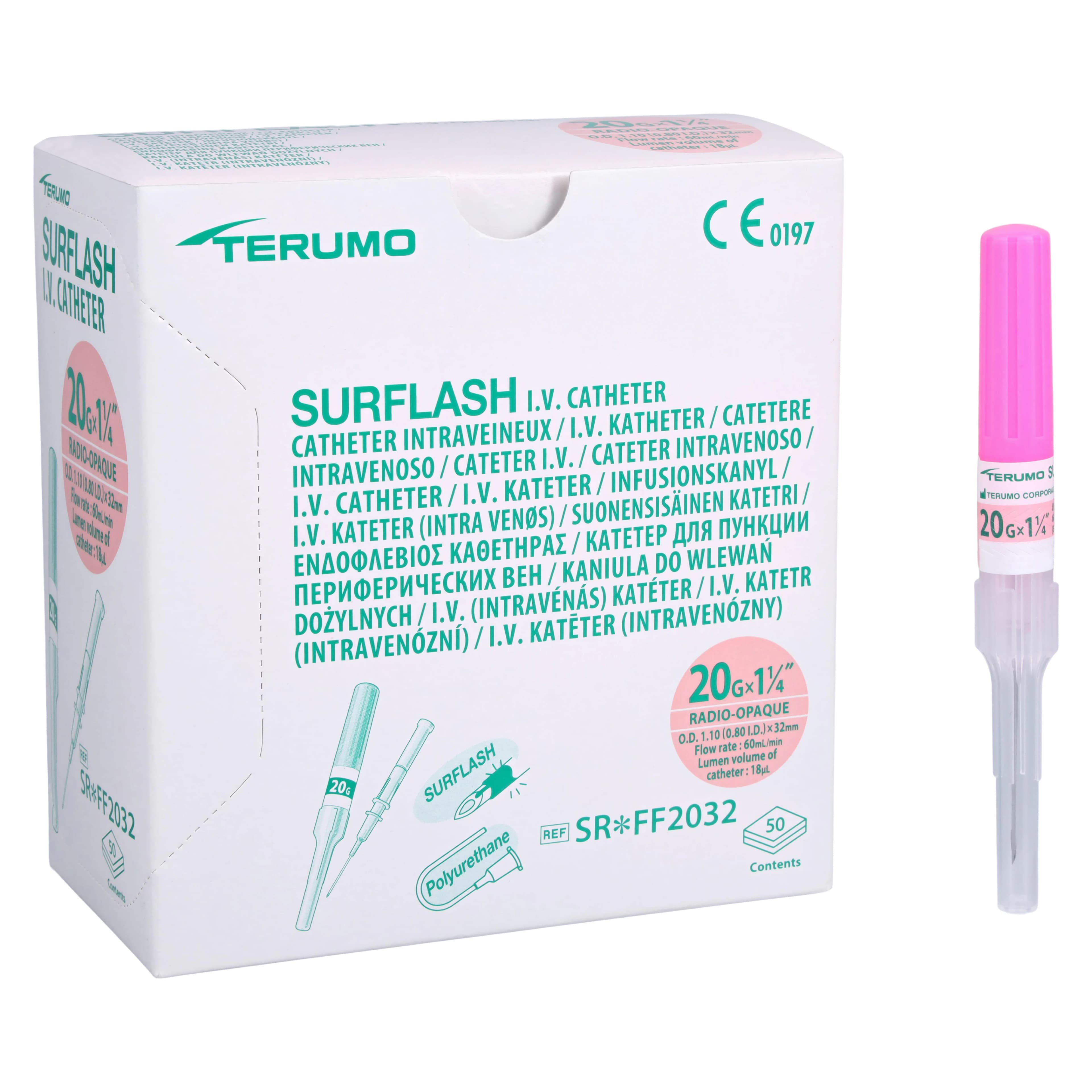 Terumo SurFlash IV Catheter, 20 Gauge, 1-1/4 inch, Polyurethane, Sterile, Latex-Free, Pink, 50/Box thumbnail 2