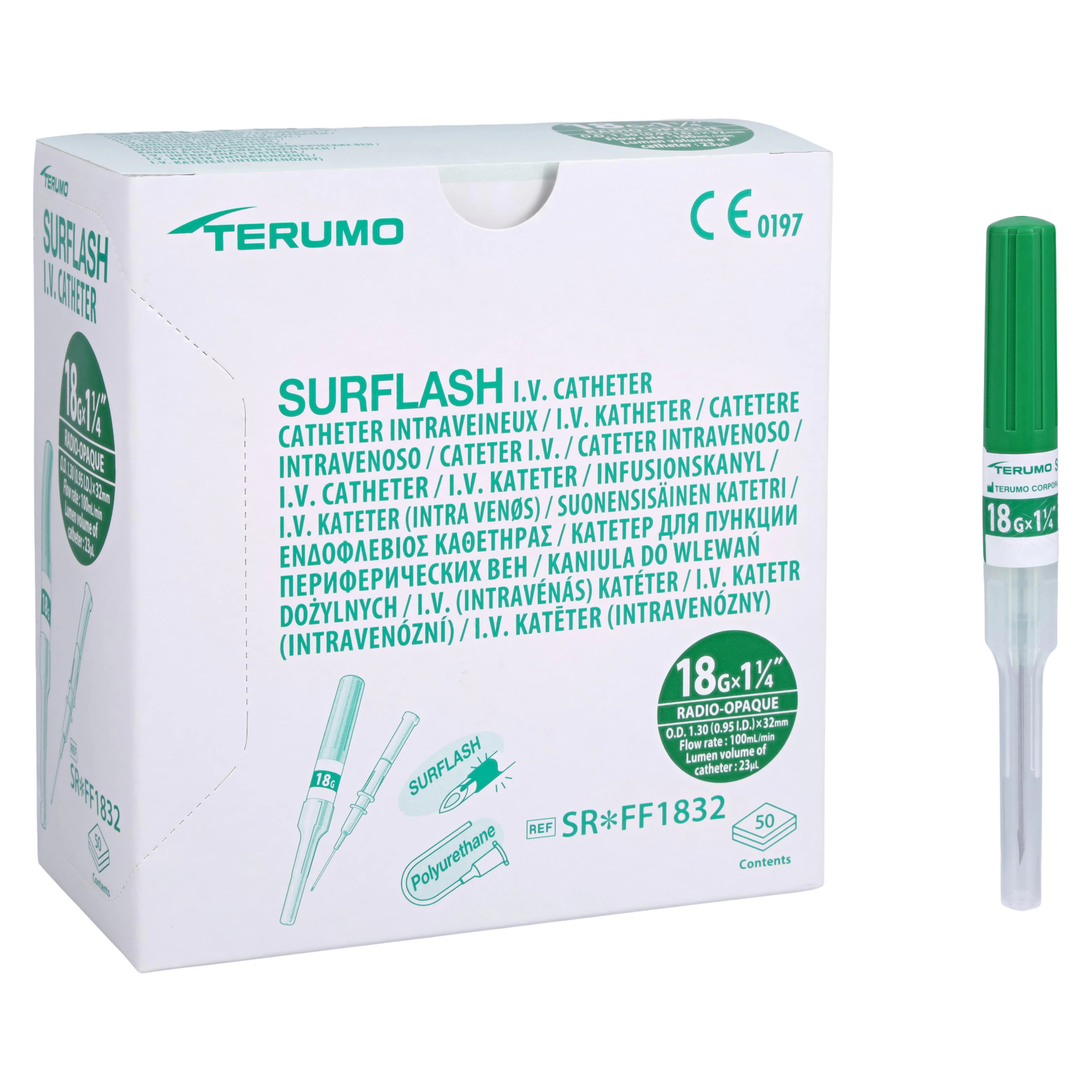 Terumo SurFlash IV Catheter, 18 Gauge, 1-1/4 inch, Polyurethane, Sterile, Latex-Free, Green, 50/Box - Surflash IV Catheter - Image 1