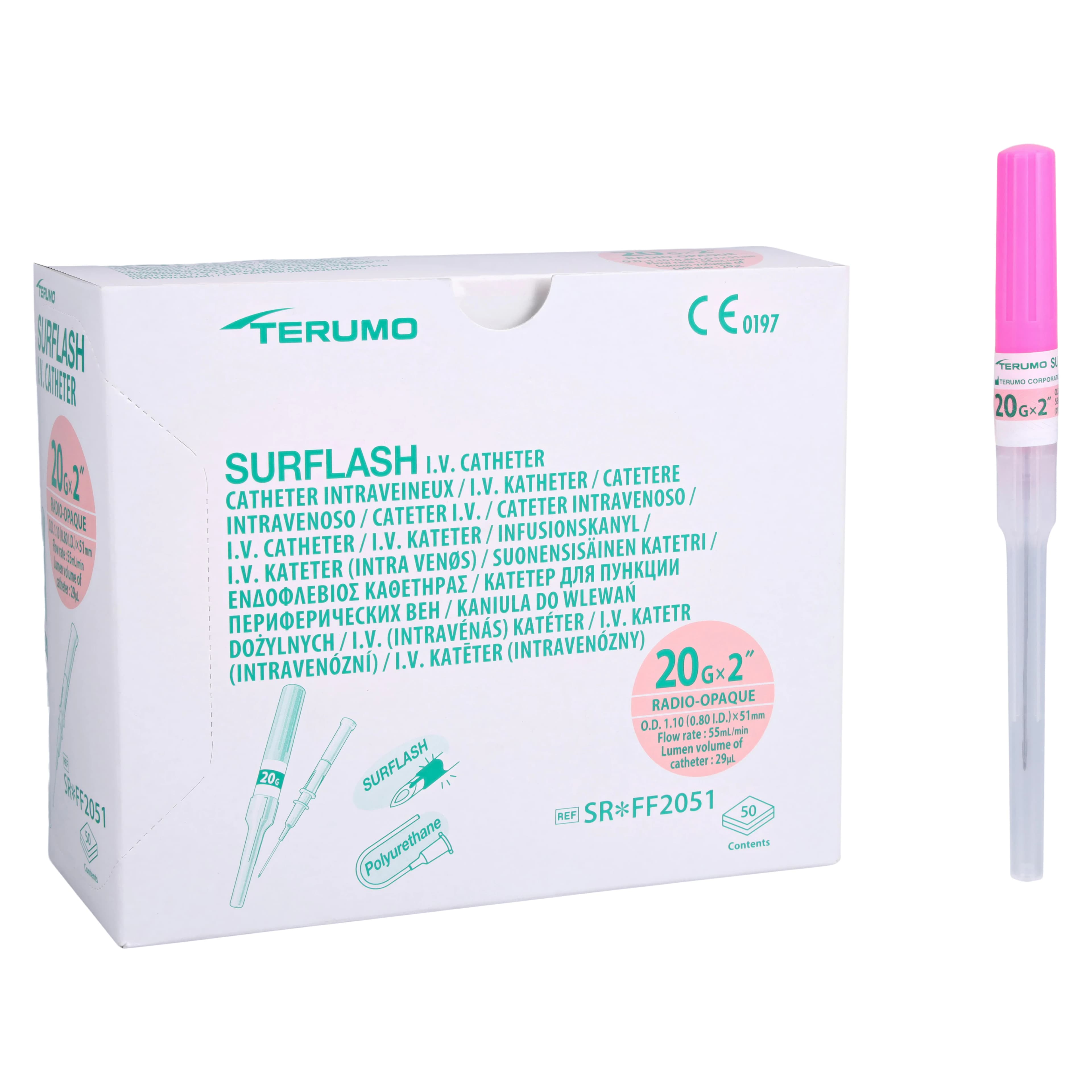 Terumo SurFlash IV Catheter, 20 Gauge, 2" Length, Polyurethane, Sterile, Latex-Free, Pink, 50/Box - Surflash IV Catheter - Image 1