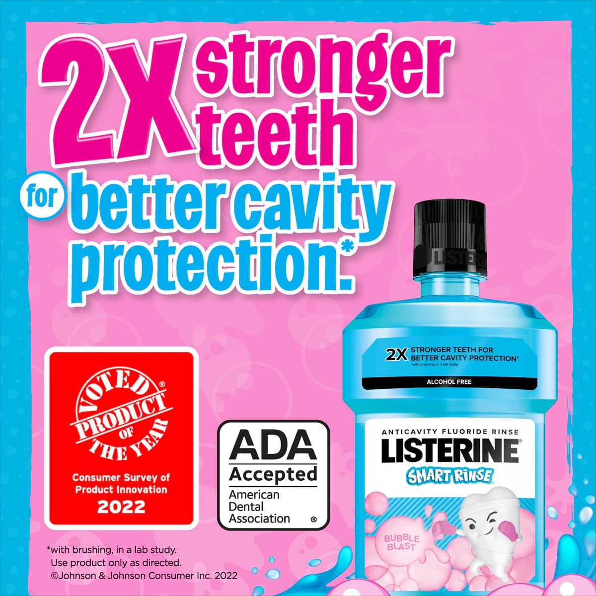Listerine Smart Rinse Anti-Caries Bubble Gum Mouthwash, Alcohol Free, Fluoride, 500 mL, 6/Case - Listerine Smart Rinse Bubble - Image 1