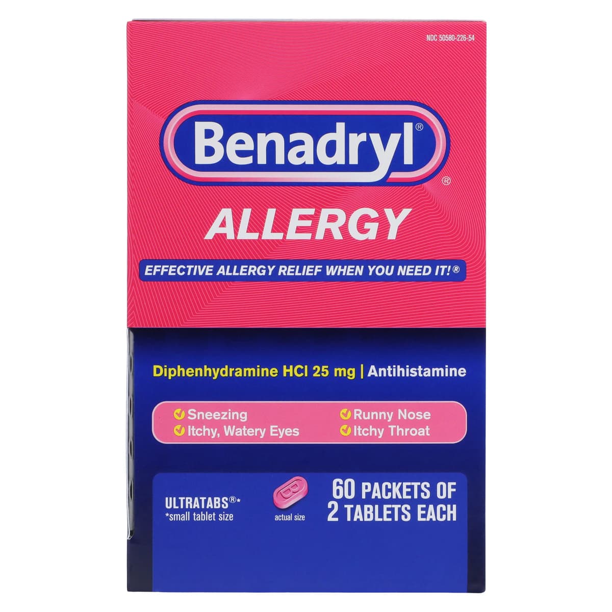 Benadryl Allergy Ultratabs 25mg, Diphenhydramine HCl, 60 Packets of 2 Tablets (120 Tablets/Box) thumbnail 4