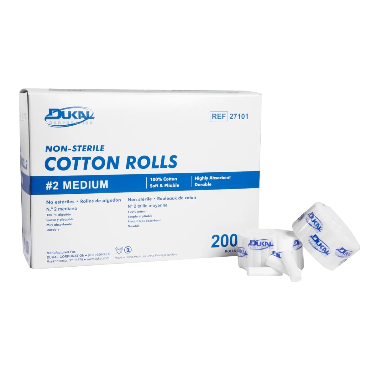 Dukal Cotton Rolls, Medium #2, Non-Sterile, 1.5" x 3/8", 2000/Box, 27101 - Cotton Roll Medium #2 NS - Image 1