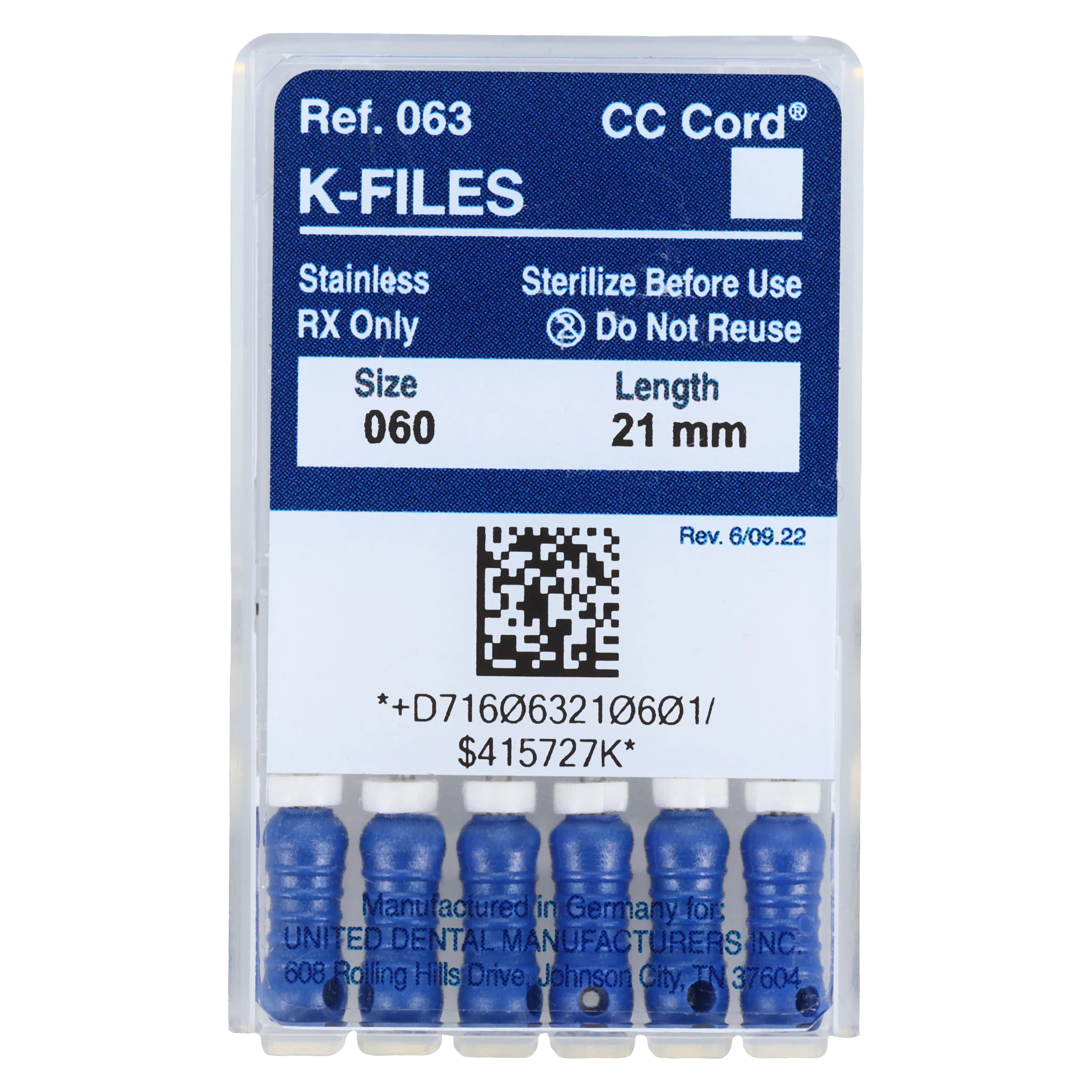 Roydent K-Files Stainless Steel with Silicone Stops, Size #60, 21mm, Blue, 6/Pack, 06321060R - K-Files SS w/ Silicone Stops - Image 1
