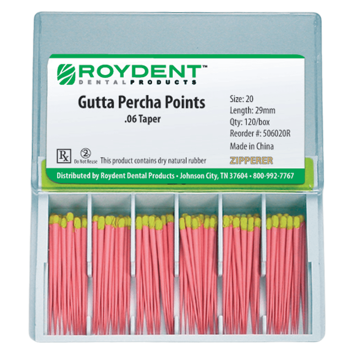 Roydent Gutta Percha Points, Color Coded, .06 Taper, Size 20, 28mm, 120/Box - Gutta Percha CC .06 28mm - Image 1
