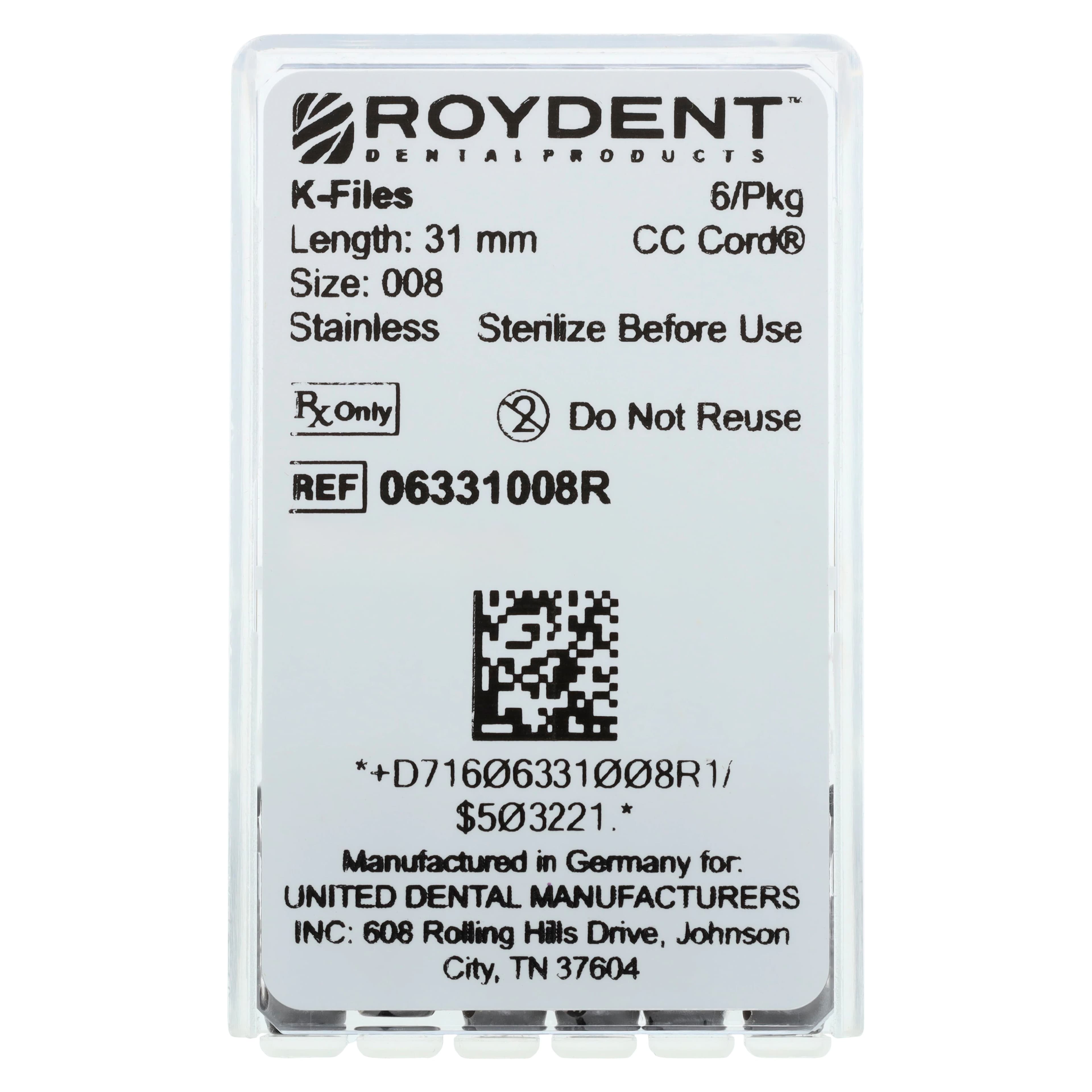 Roydent K-Type Files, Size #08, 31mm, Stainless Steel with Silicone Stops, 6/Pack, 06331008R thumbnail 3