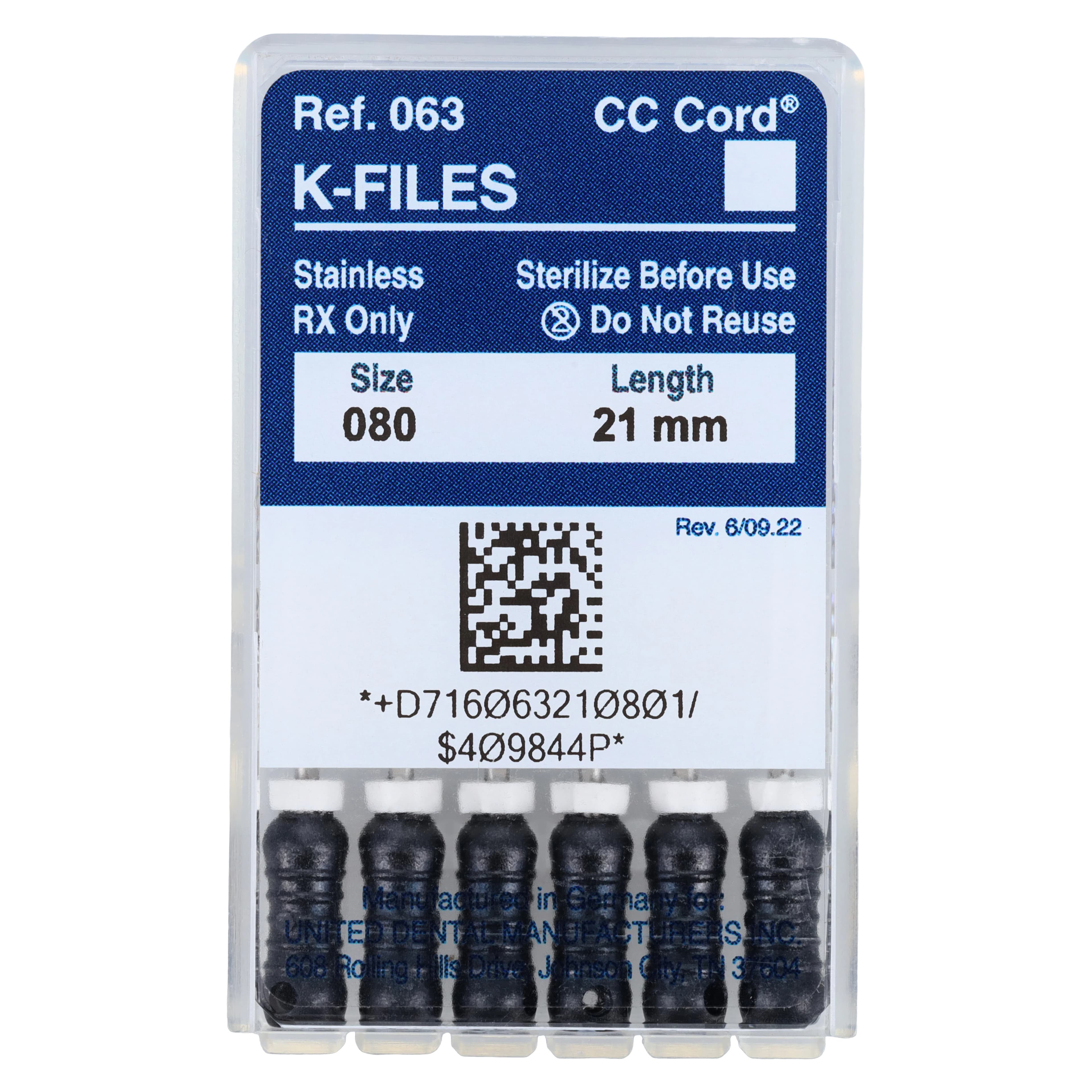 Roydent K-Type Files, Size 80, 21mm, Black, Stainless Steel with Silicone Stops, 6/Pack, 06321080R - K-Files SS w/ Silicone Stops - Image 1