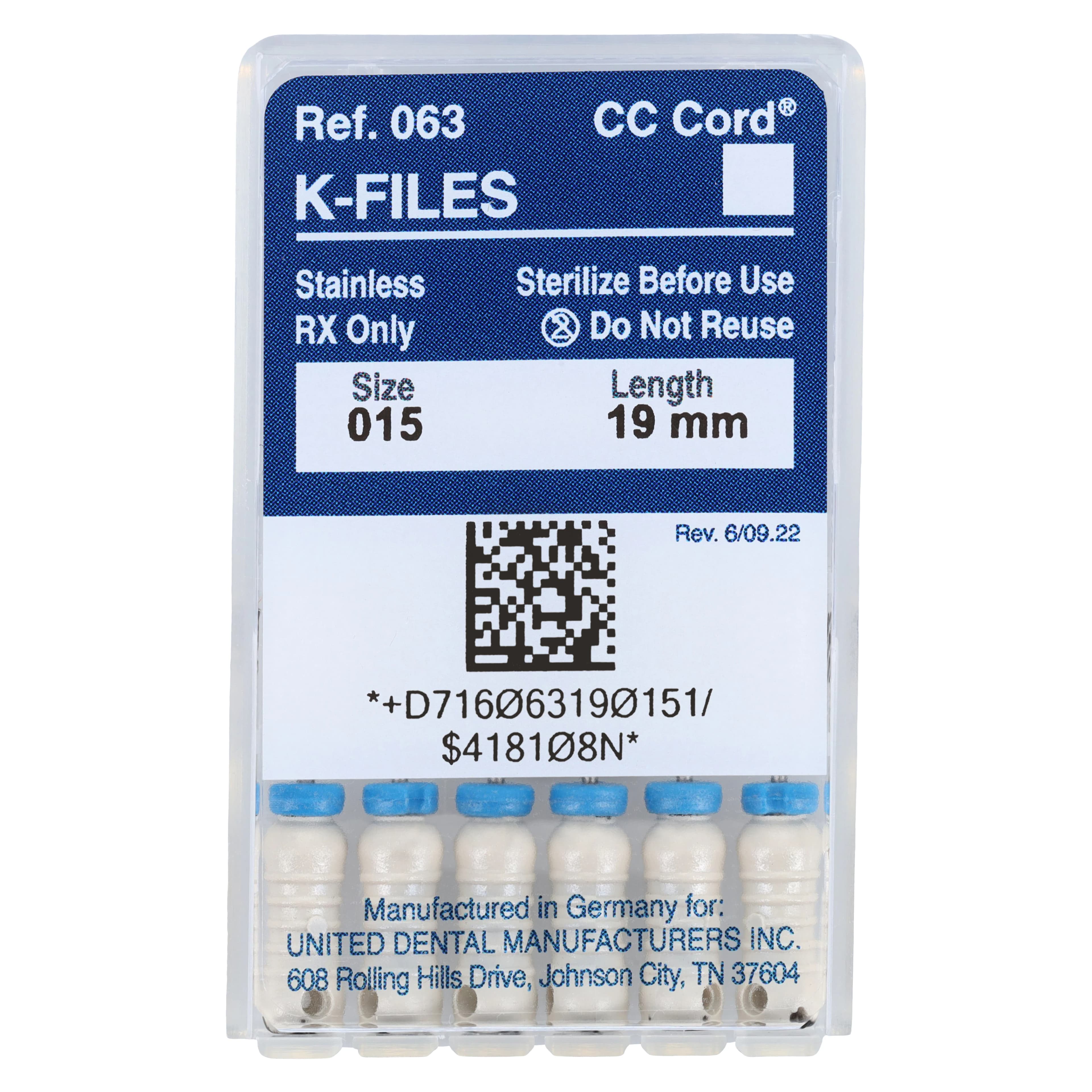 Roydent K-Type Files, Size #15, 19mm, Stainless Steel, White, 6/Pack, 06319015R - 15-19mm K-Files (6) - Image 1
