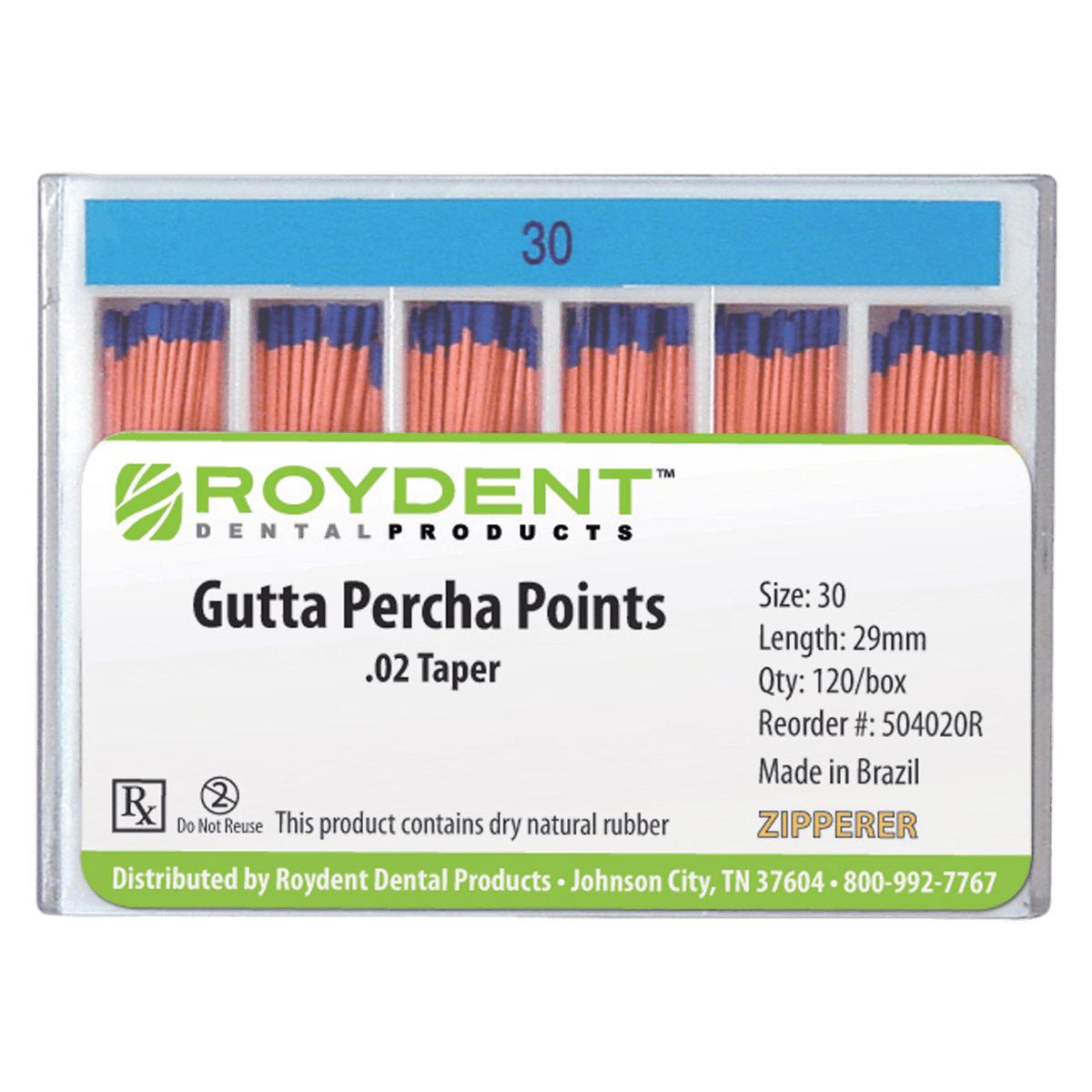 Roydent Hand Rolled Gutta Percha Points, 0.04 Taper, 28mm, Color Coded, 120/Box - 20 Gutta Percha Pts .04 Color Coded (120) - Image 1