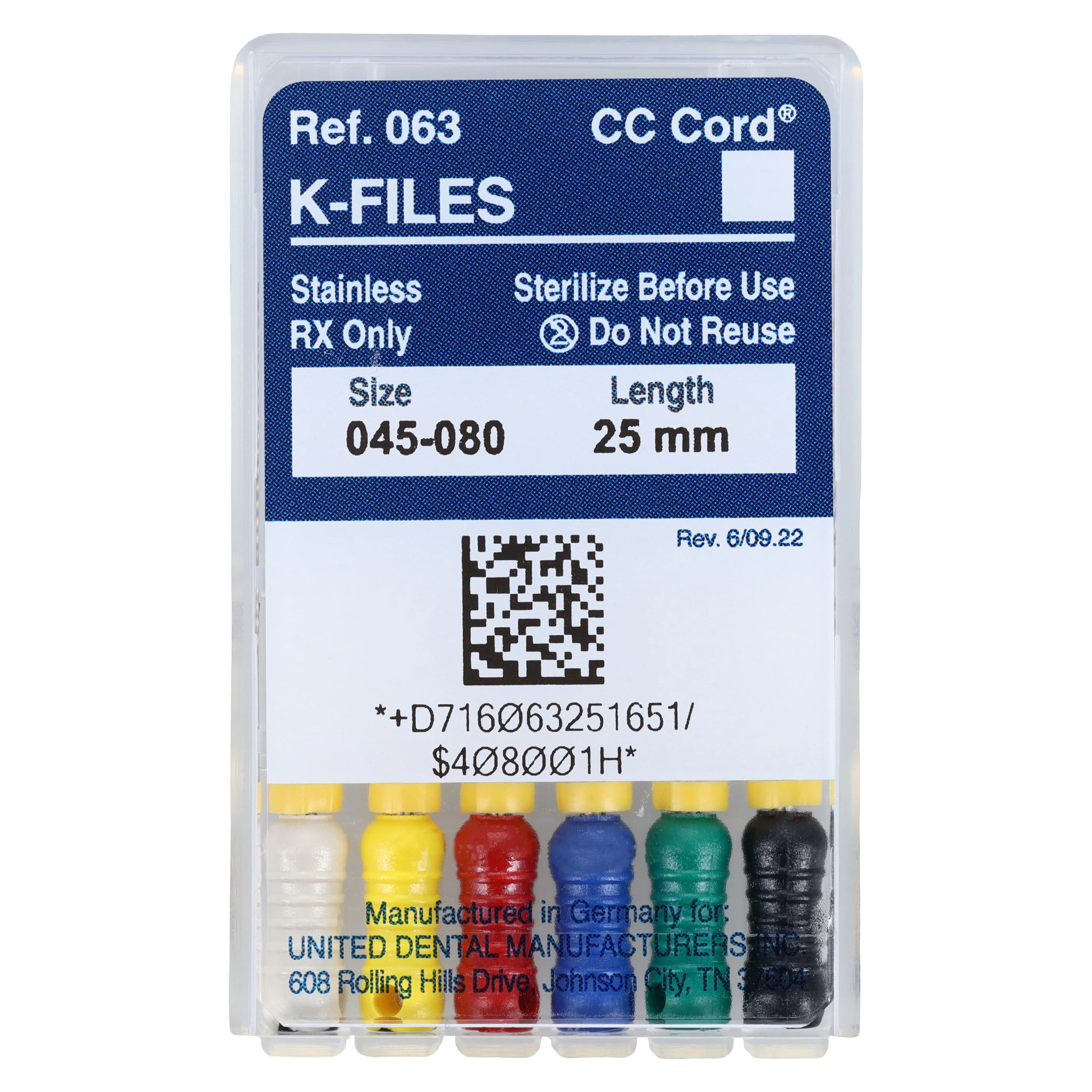 Roydent K-Type Files, Stainless Steel, 25mm, Assorted #45-80, 6/Pack, 06325165R - K-Files SS w/ Silicone Stops - Image 1