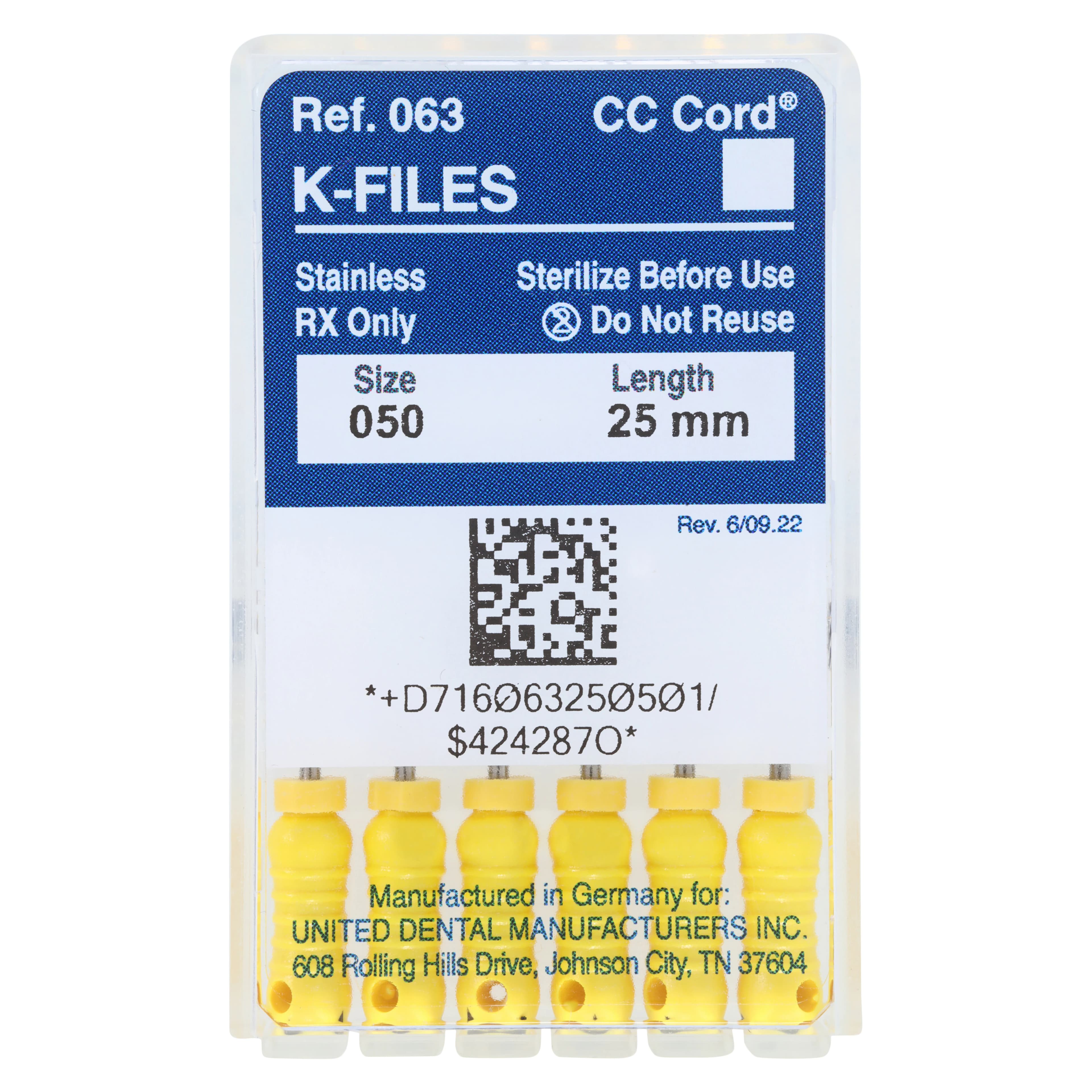 Roydent K-Type Files, Size #50, 25mm, Stainless Steel with Silicone Stops, Yellow, 6/Pack, 06325050R - K-Files SS w/ Silicone Stops - Image 1