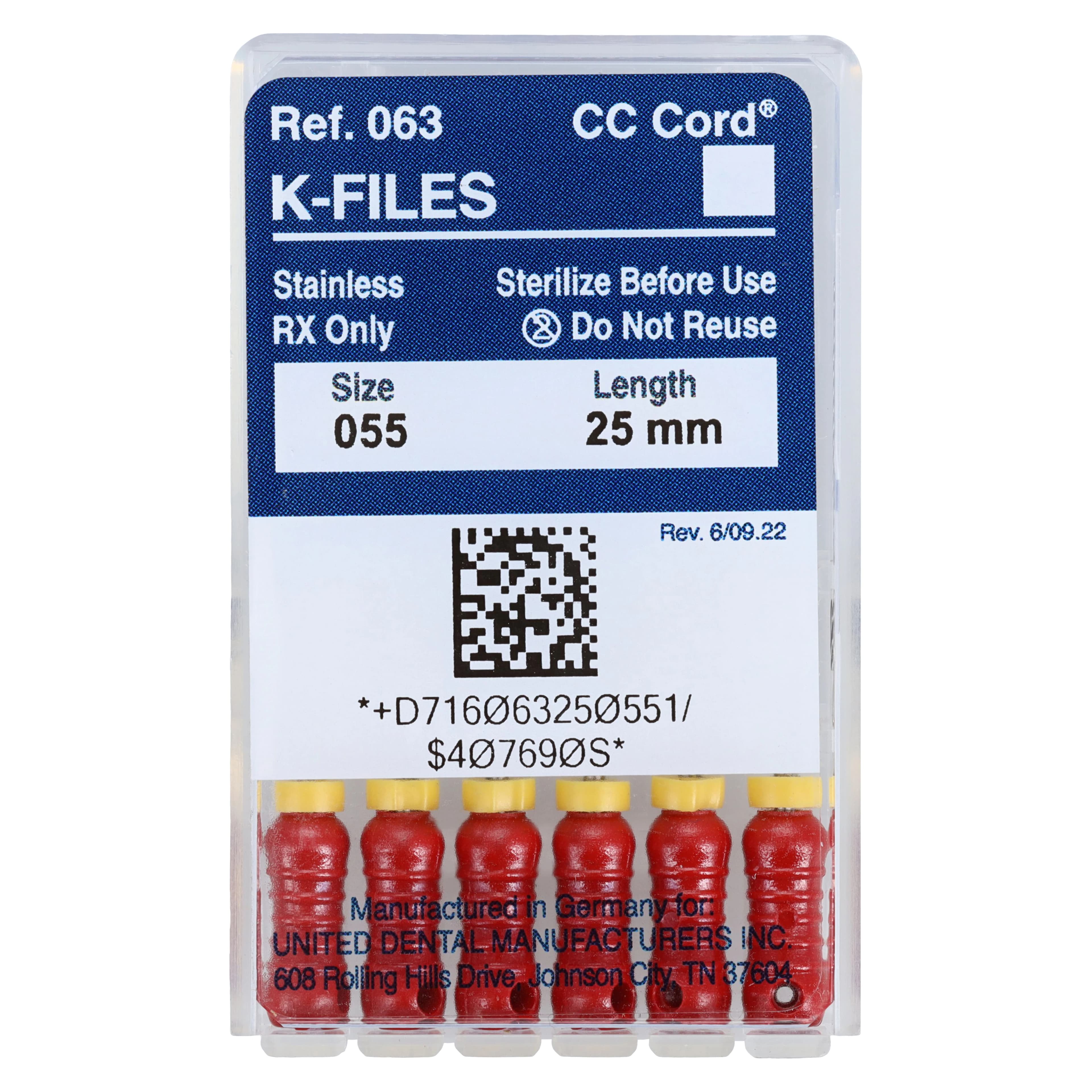 Roydent K-Type Files, Size 55, 25mm, Stainless Steel, Color-Coded Red, with Pre-Applied Silicone Stops, 6/Pack, 06325055R - K-Files SS w/ Silicone Stops - Image 1