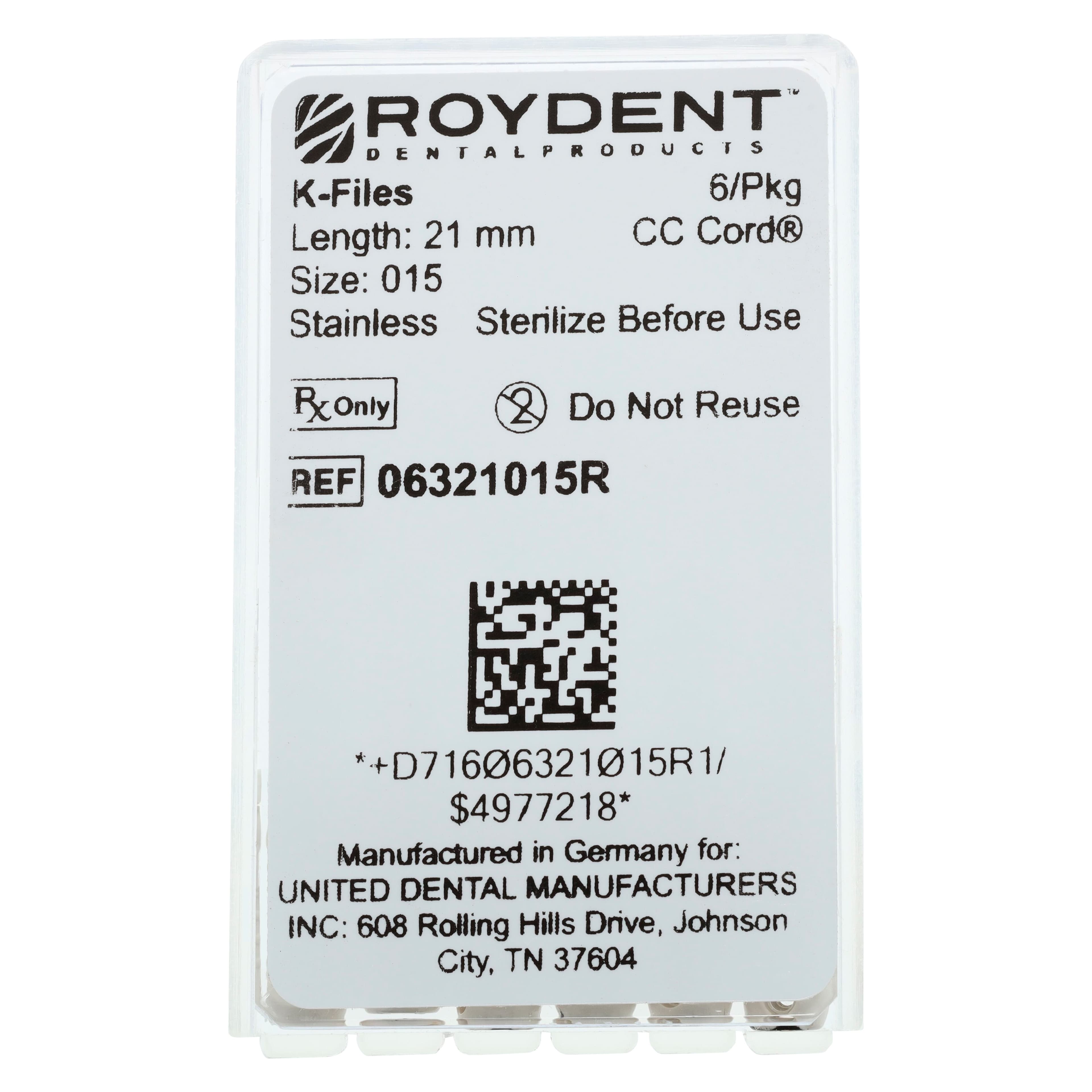 Roydent K-Type Files, #15 (White), 21mm, Pack of 6, 06321015R thumbnail 3