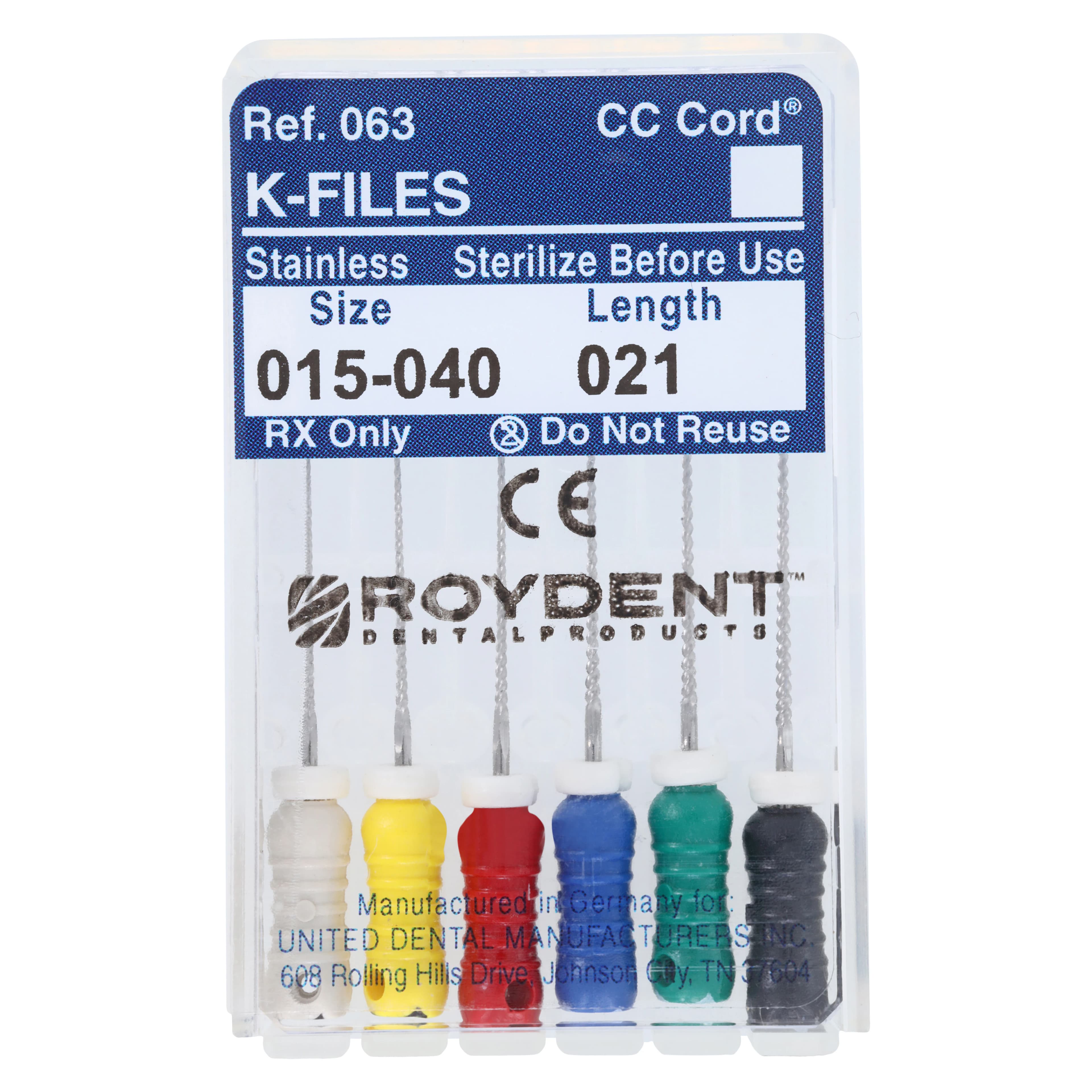 Roydent K-Type Files, Assorted #15-40, 21mm, Pack of 6, 06321160R - #15-40 Assorted Roydent K-Files 21mm Pack of 6 - Image 1