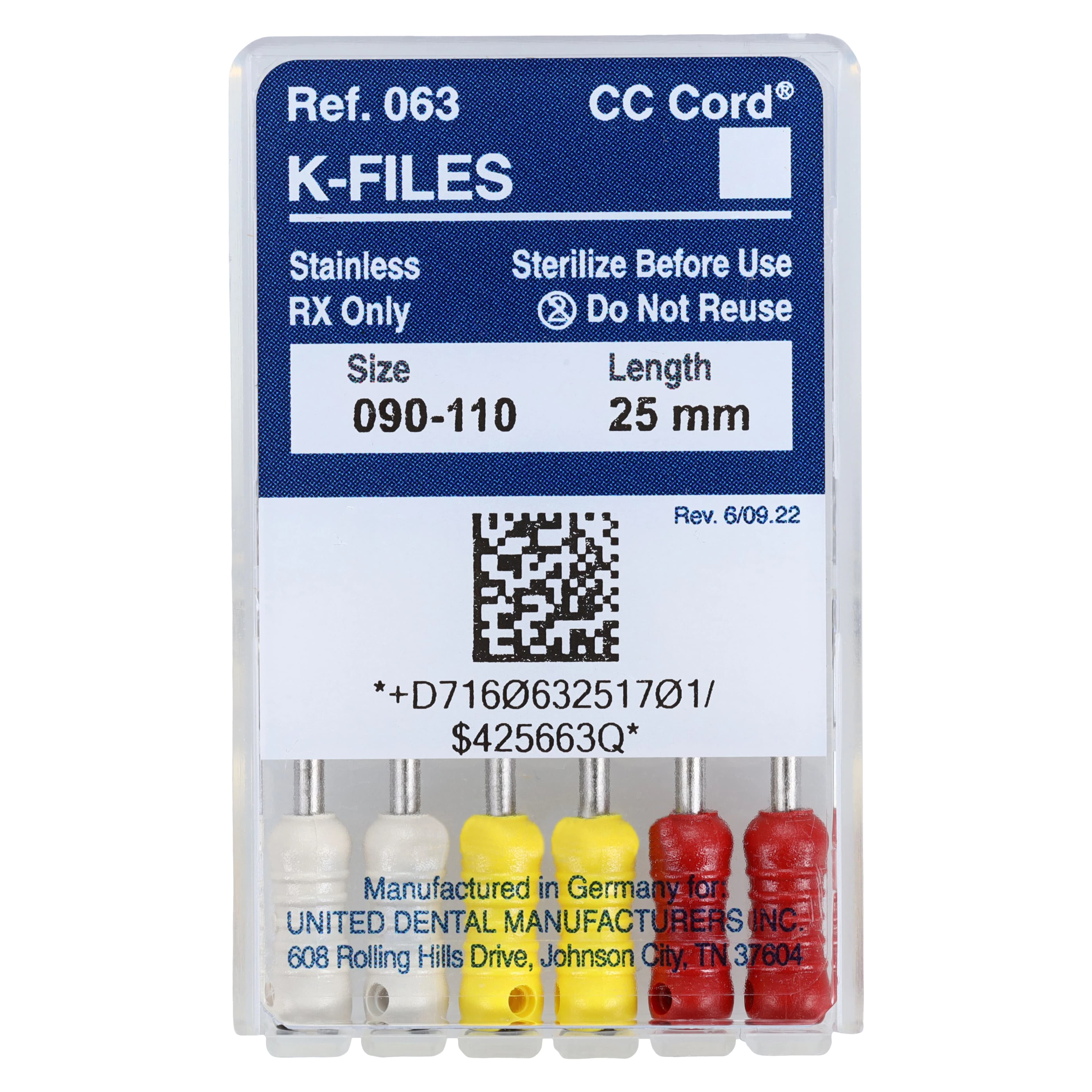 Roydent K-Type Files, 25 mm, Assorted #90-110, Stainless Steel, Color Coded, Non-Sterile, 6/Pack, 06325170R - K-Files 25mm - Image 1