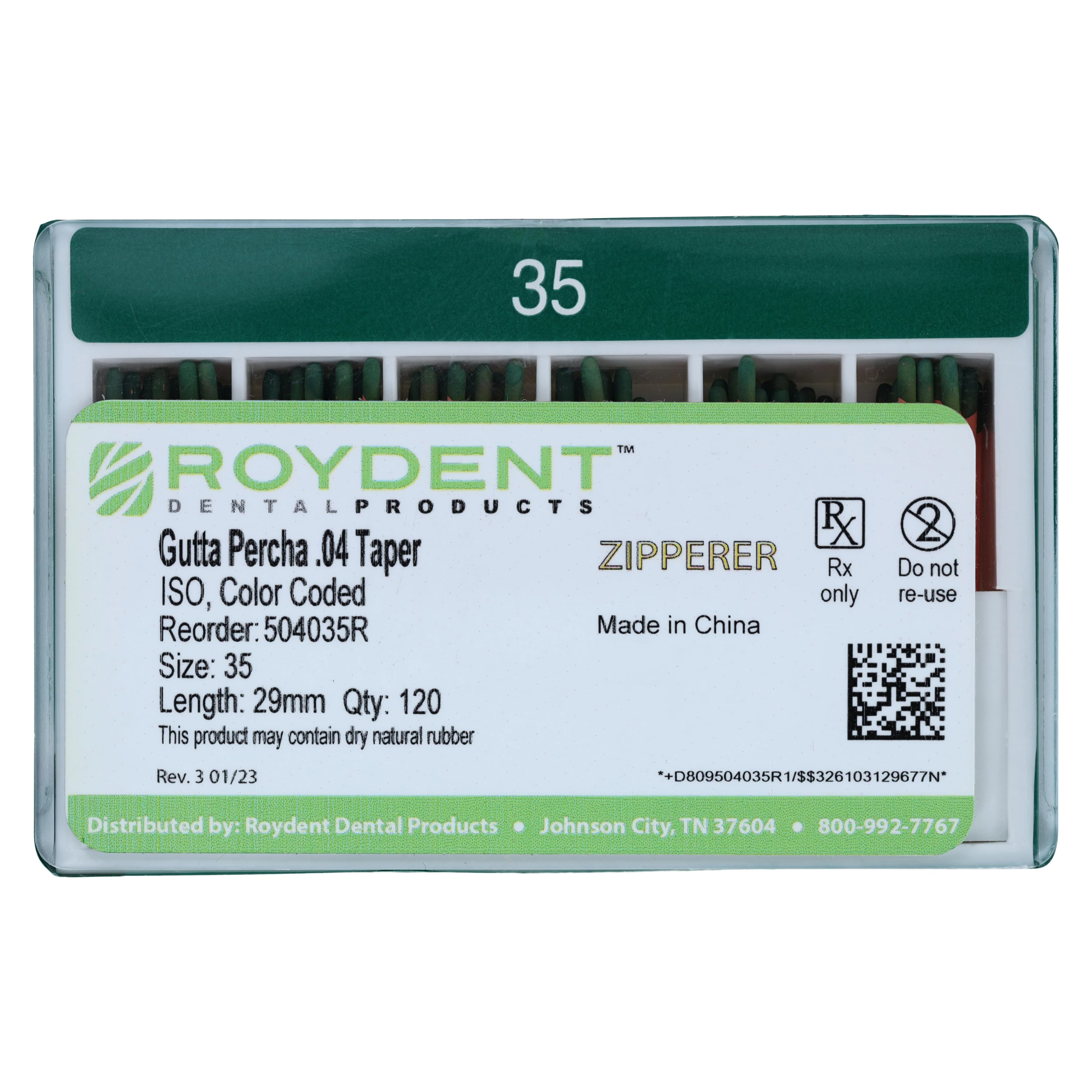Roydent Gutta Percha CC Points, .04 Taper, Size 35, 28-29mm, Green, Hand Rolled, Cadmium Free, 120/Box - Gutta Percha CC .04 28mm - Image 1