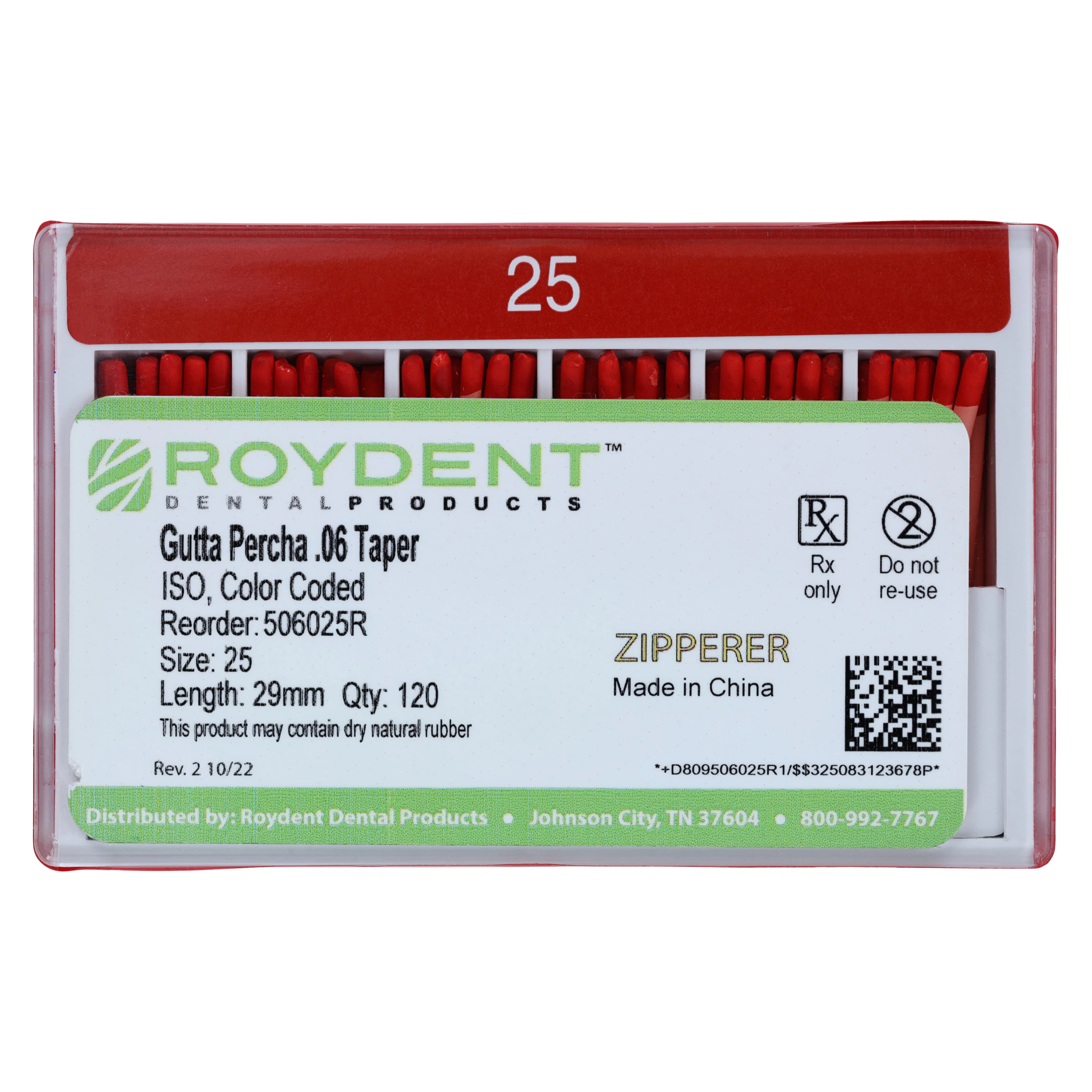 Roydent Dental Gutta Percha Points, Color Coded, .06 Taper, Size 25, 28mm, ISO 120/Box - Gutta Percha CC .06 28mm - Image 1