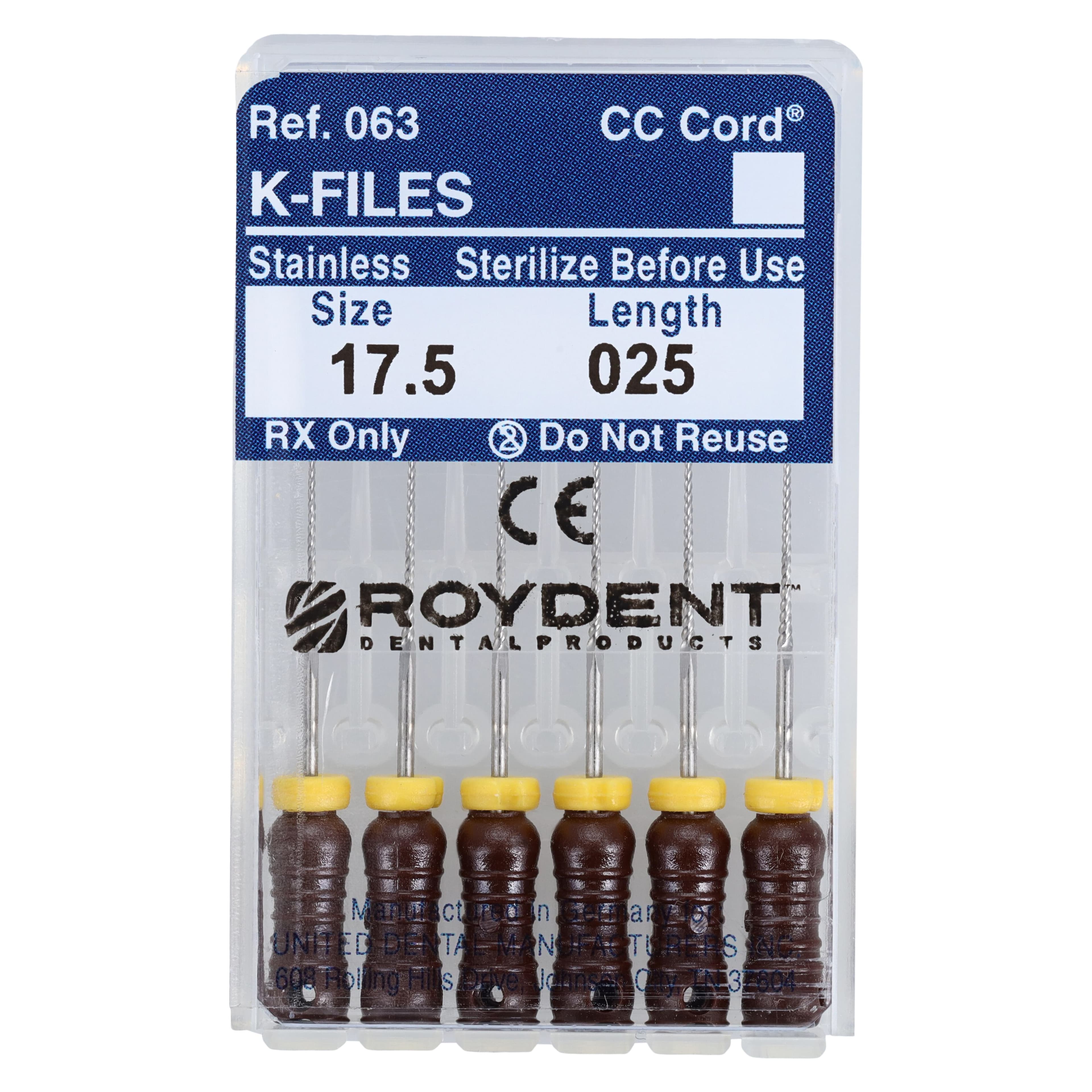 Roydent K-Type Files, 25mm, Size #17.5, Stainless Steel, Color-Coded Silicone Stops, 6/Pack, 06325017R - K-Type Files 25mm #17.5 6/Pk - Image 1