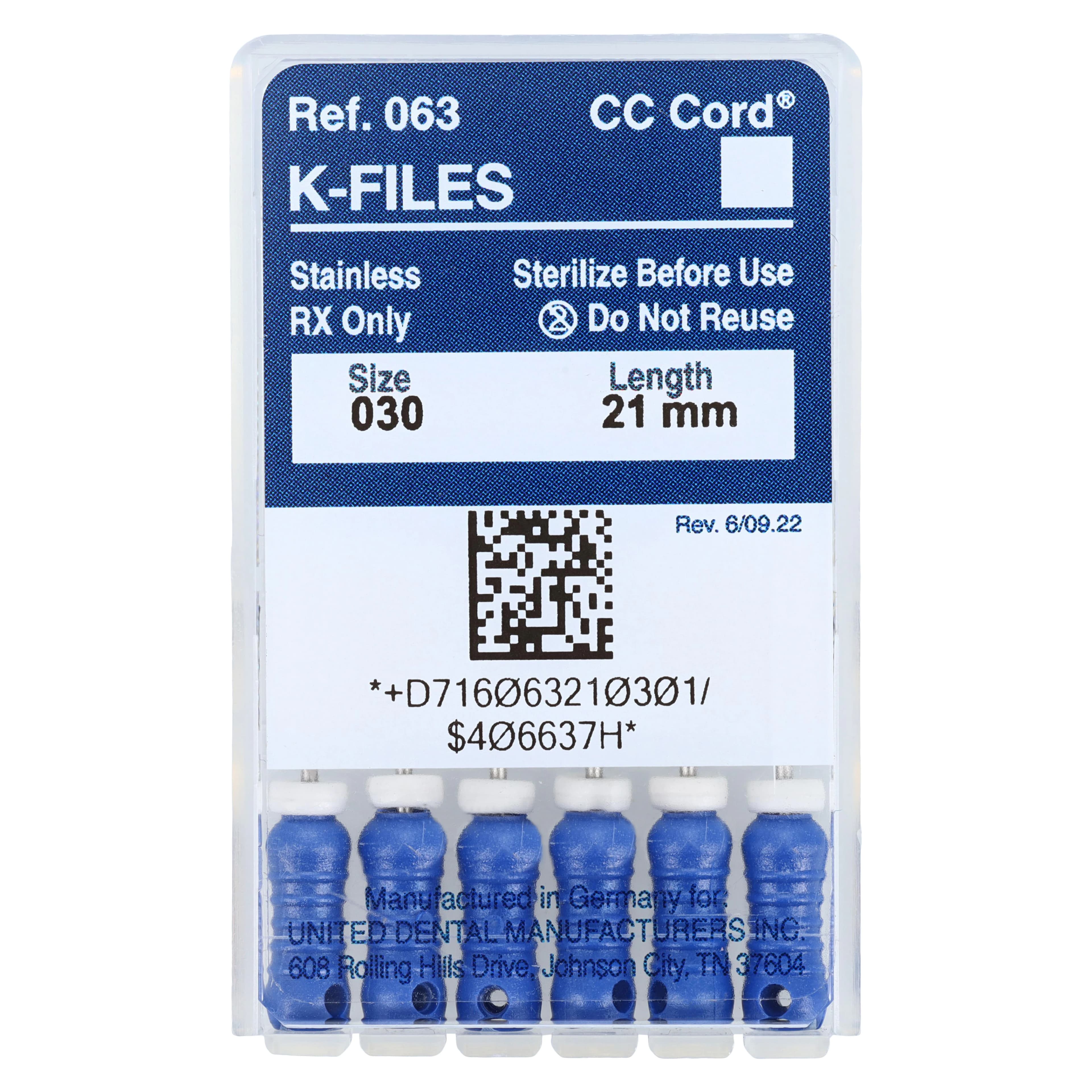 Roydent K-Type Files #30, 21mm, Pack of 6, Blue, 06321030R - #30 Blue Roydent K-Files 21mm Pack of 6 - Image 1