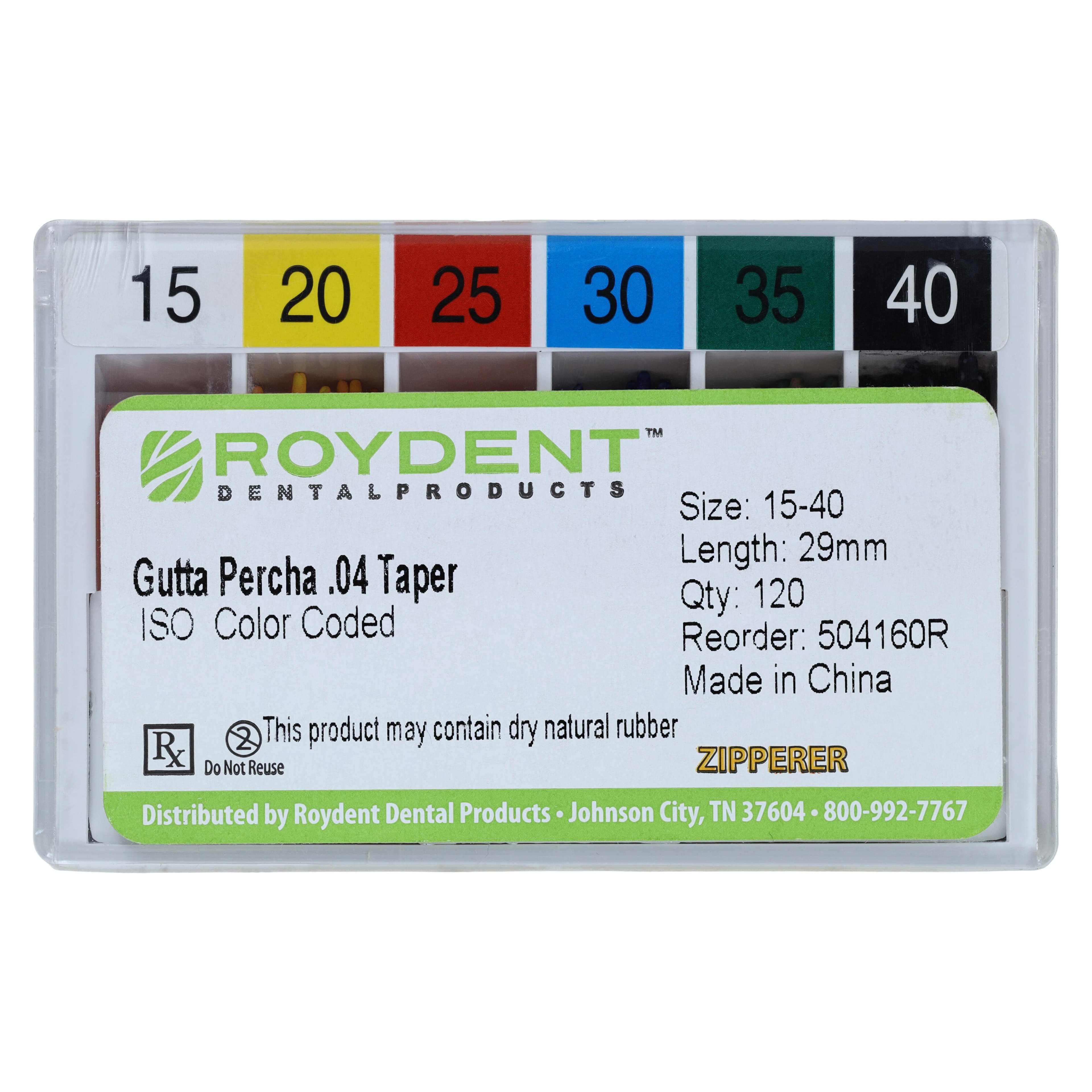 Roydent Hand Rolled Gutta Percha Points, .04 Taper, Assorted ISO Sizes 15-40, 28 mm, Color Coded, 120/Box - Gutta Percha CC .04 28mm - Image 1