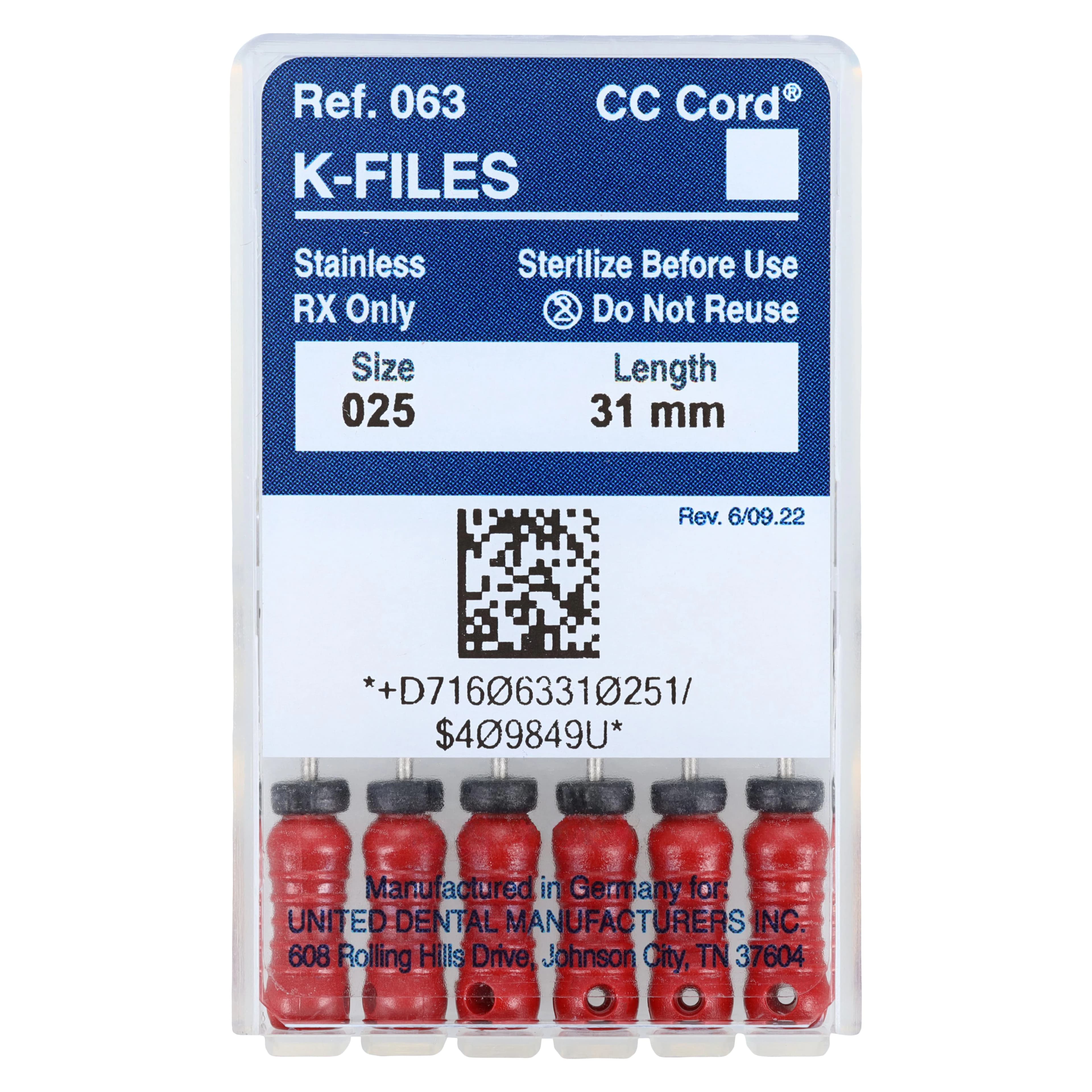 Roydent K-Type Files, Size #25, 31mm, Stainless Steel, Color-Coded Red, 6/Pack, 06331025R - K-Type Files 31mm #25 6/Pk - Image 1