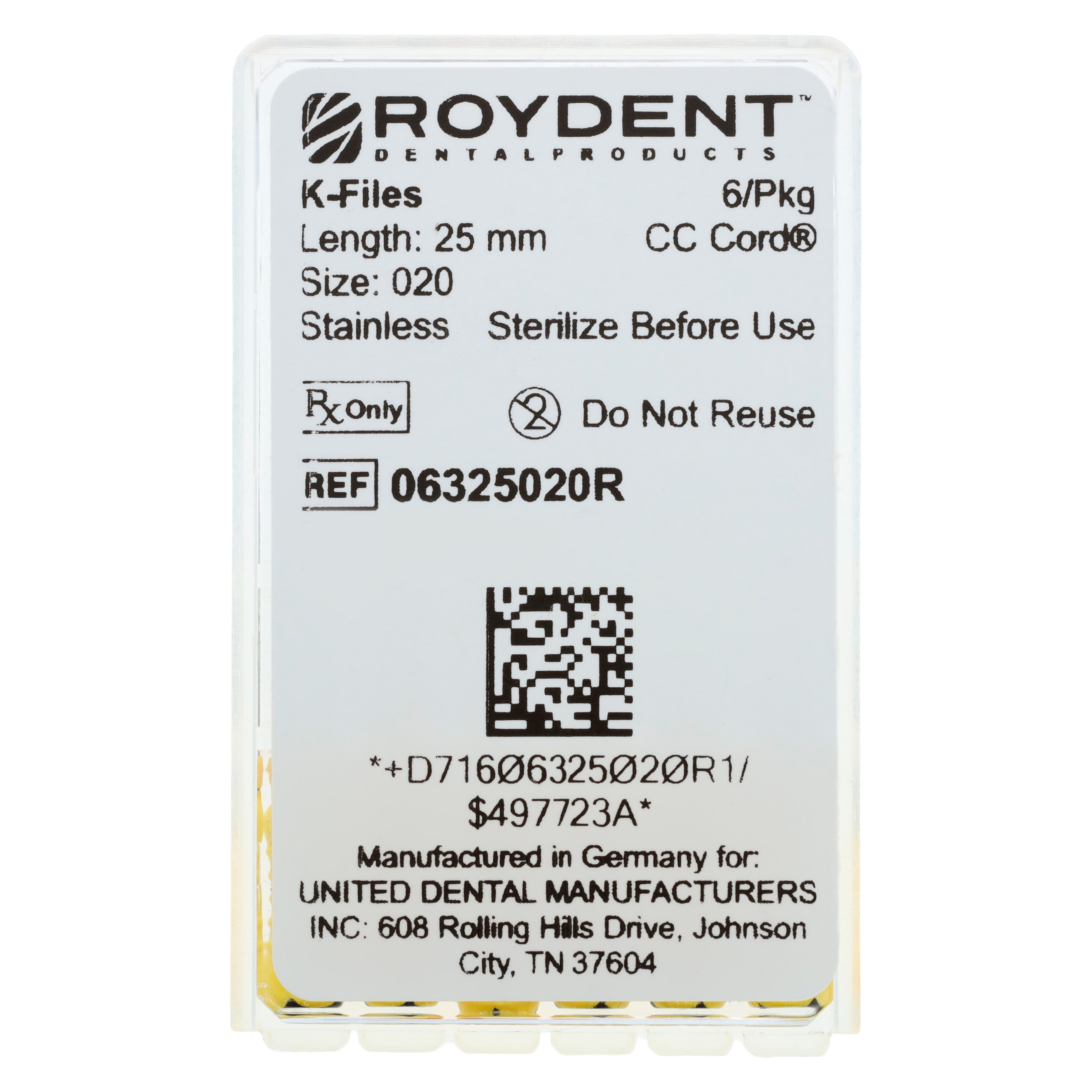 Roydent K-Type Files #20 (Yellow), 25mm, Stainless Steel, Pack of 6, 06325020R thumbnail 4