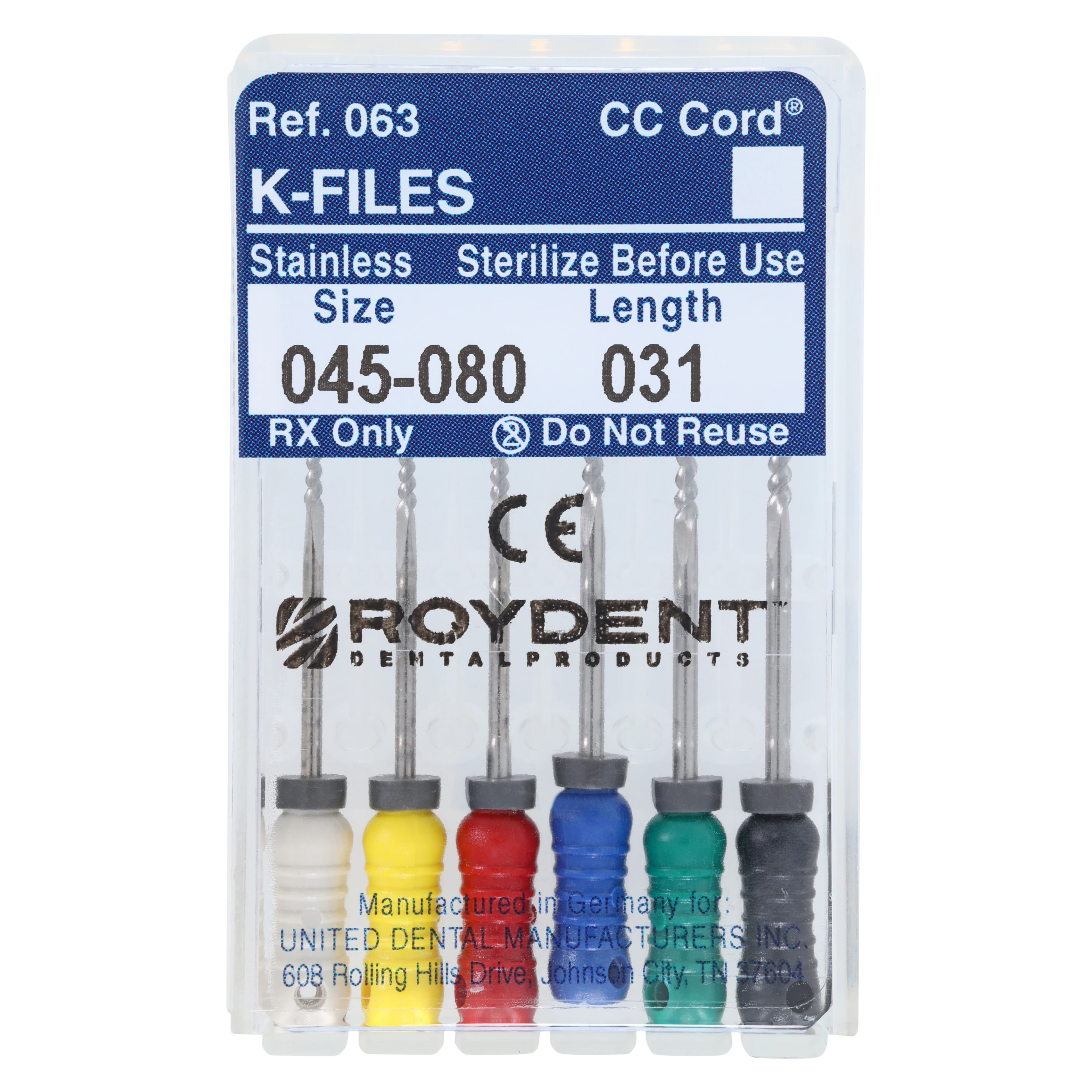 Roydent K-Type Files, Stainless Steel, 31mm, Assorted #45-80, 6/Pack, 06331165R - K-Files SS w/ Silicone Stops - Image 1