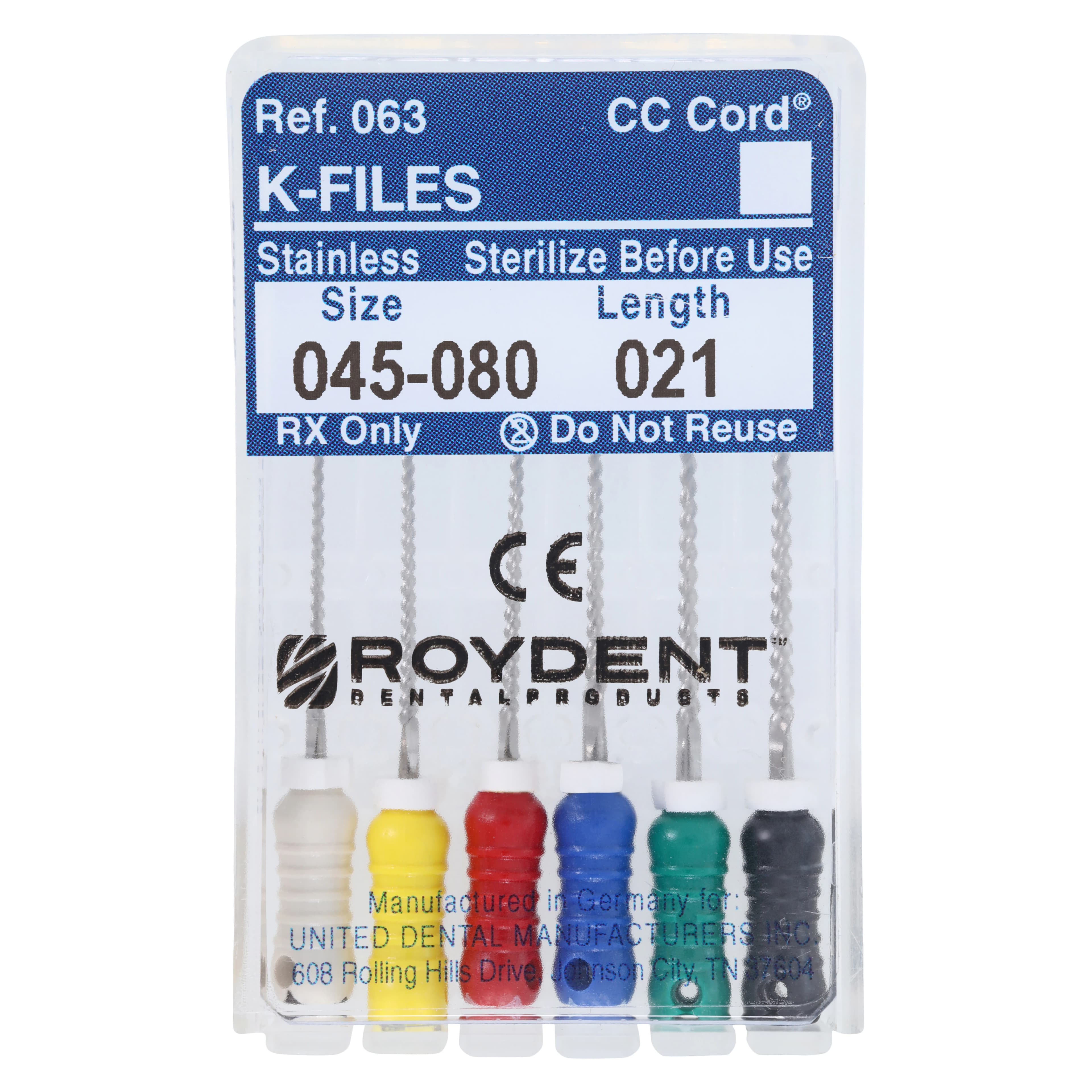 Roydent K-Type Files (K-Files), 21mm, Assorted #45-80, Stainless Steel, Color Coded, 6/Pack, 06321165R - K-Files 21mm - Image 1