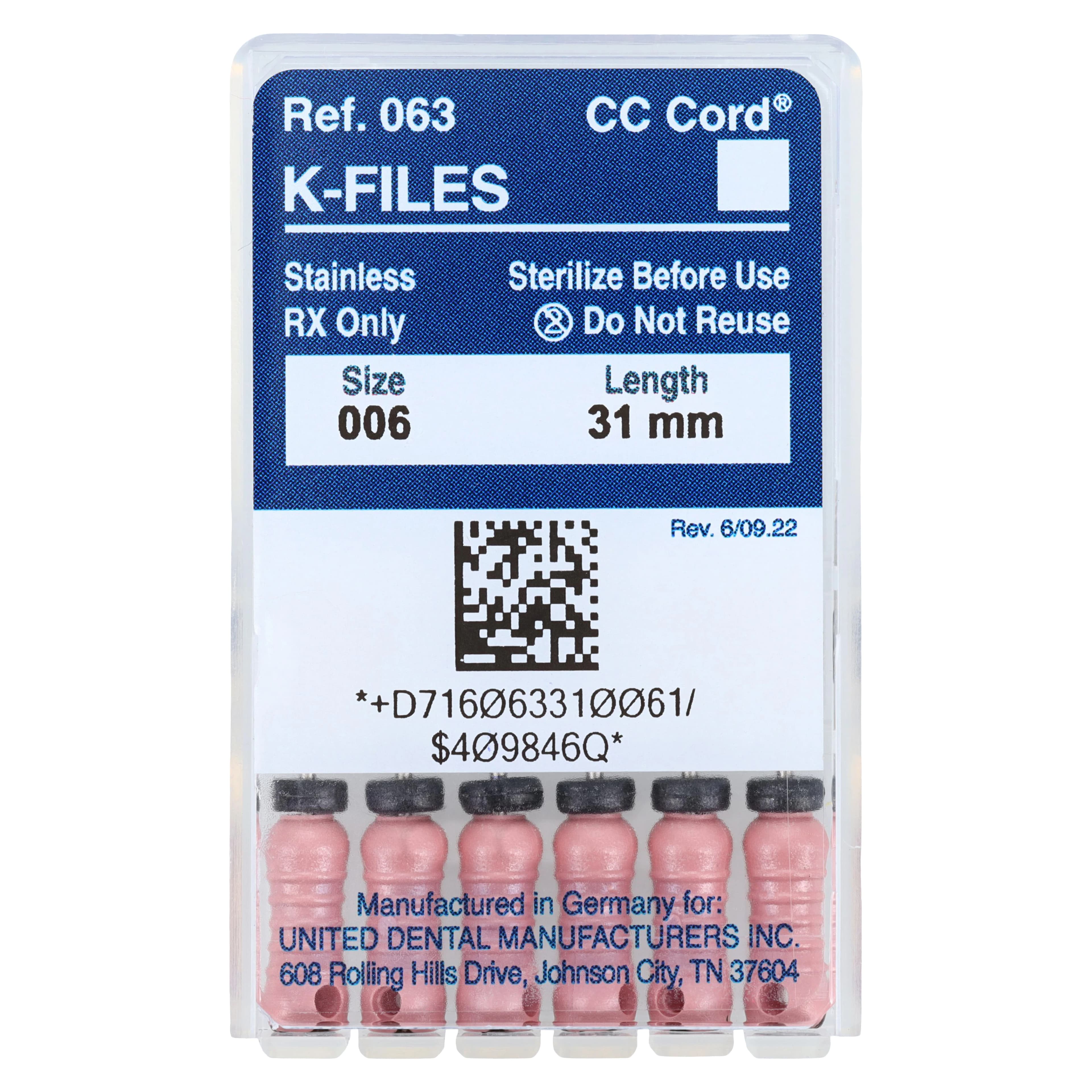 Roydent K-Type Files, Size #06, 31mm, Stainless Steel, Color-Coded Pink, 6/Pack, 06331006R - K-Type Files 31mm #06 6/Pk - Image 1