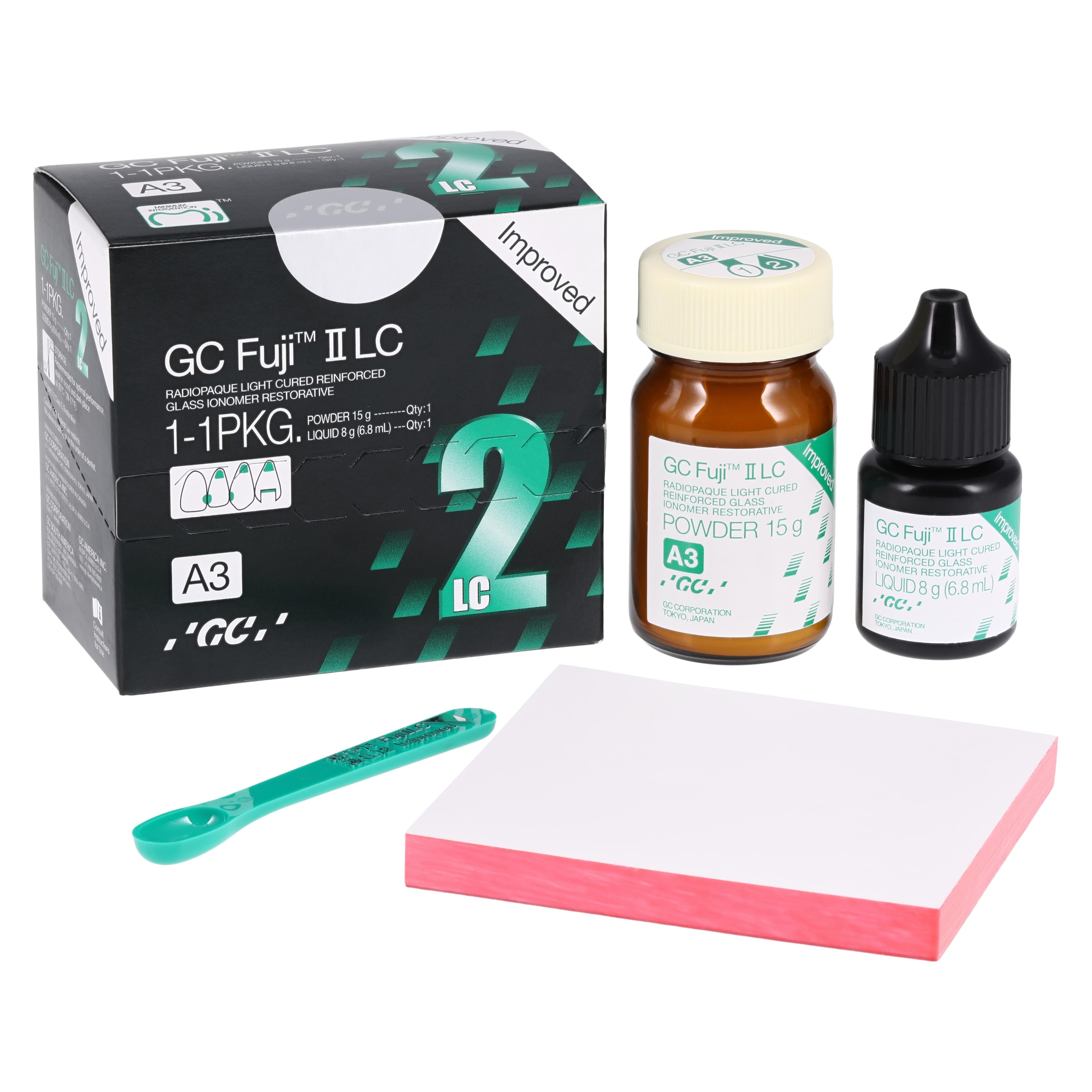 GC Fuji II LC Improved Light-Cure Resin-Reinforced Glass Ionomer Restorative, 1:1 Package, Shade A3, 15 g Powder / 6.8 ml Liquid, #000186 - A3 Fuji II Light Cure 1:1 Package - Image 1