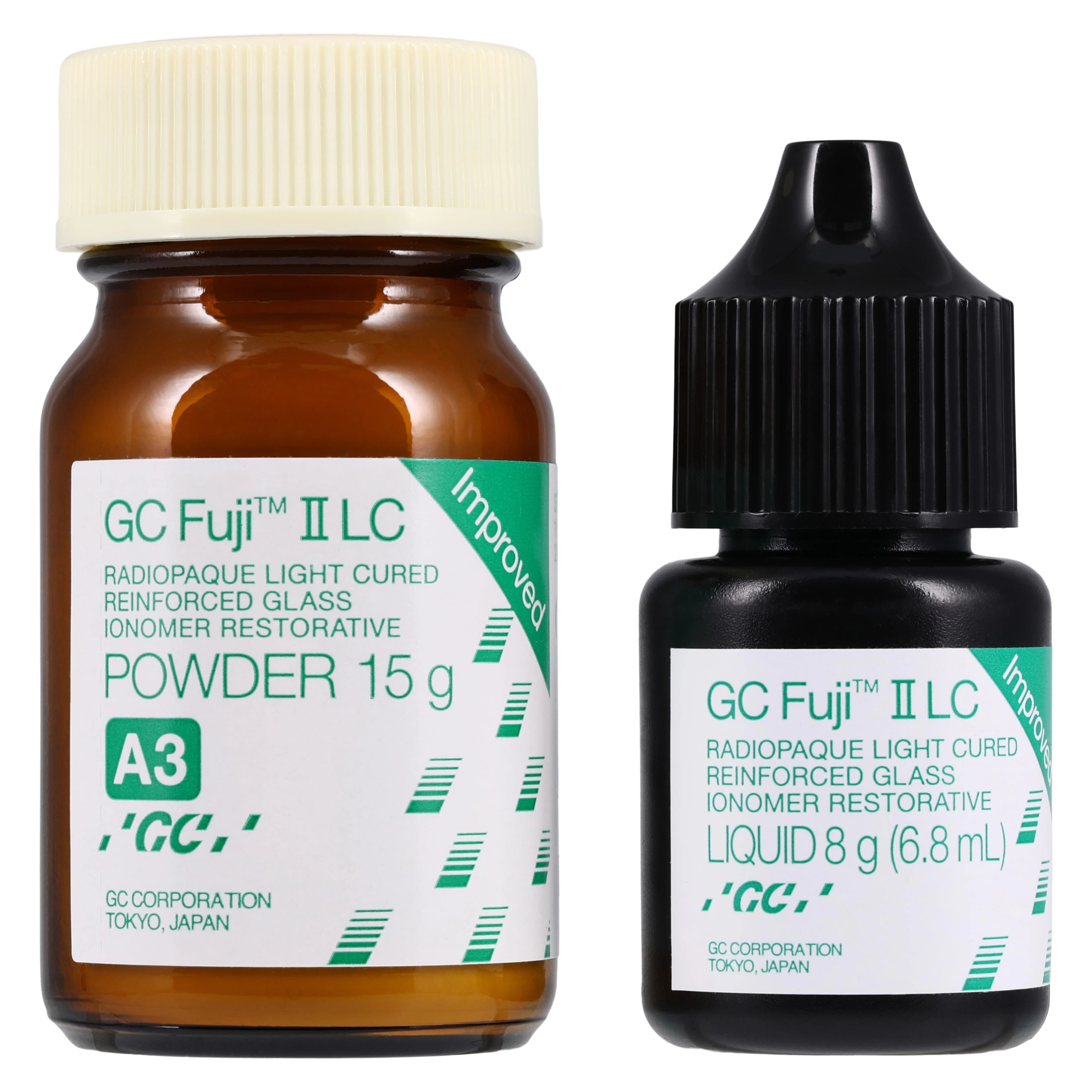 GC Fuji II LC Improved Light-Cure Resin-Reinforced Glass Ionomer Restorative, 1:1 Package, Shade A3, 15 g Powder / 6.8 ml Liquid, #000186 thumbnail 2