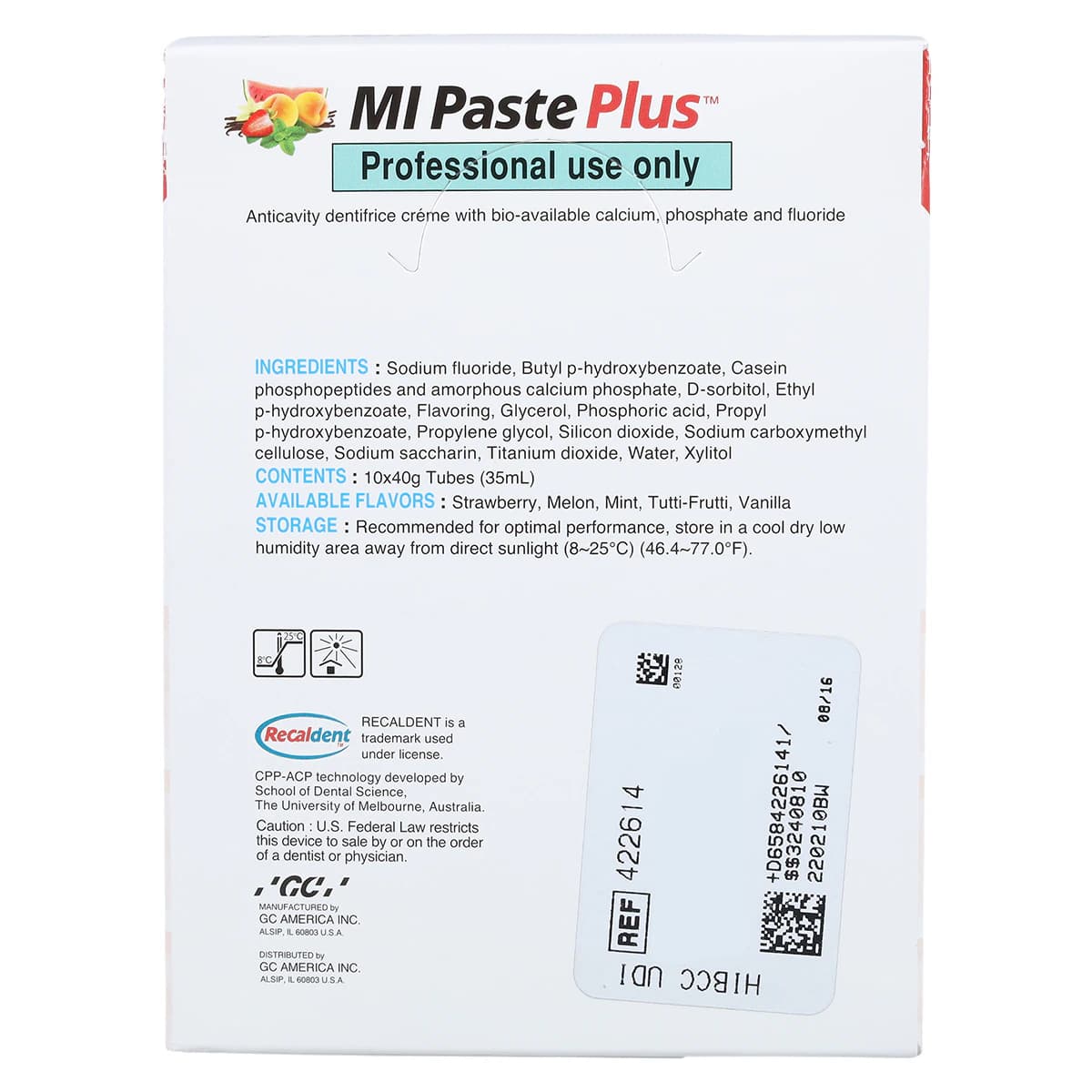 GC America MI Paste Plus Topical Tooth Crème with RECALDENT (CPP-ACP) and 900 ppm Fluoride, Assorted Flavors, 40 g Tubes, 10/Pk, 422614 thumbnail 8