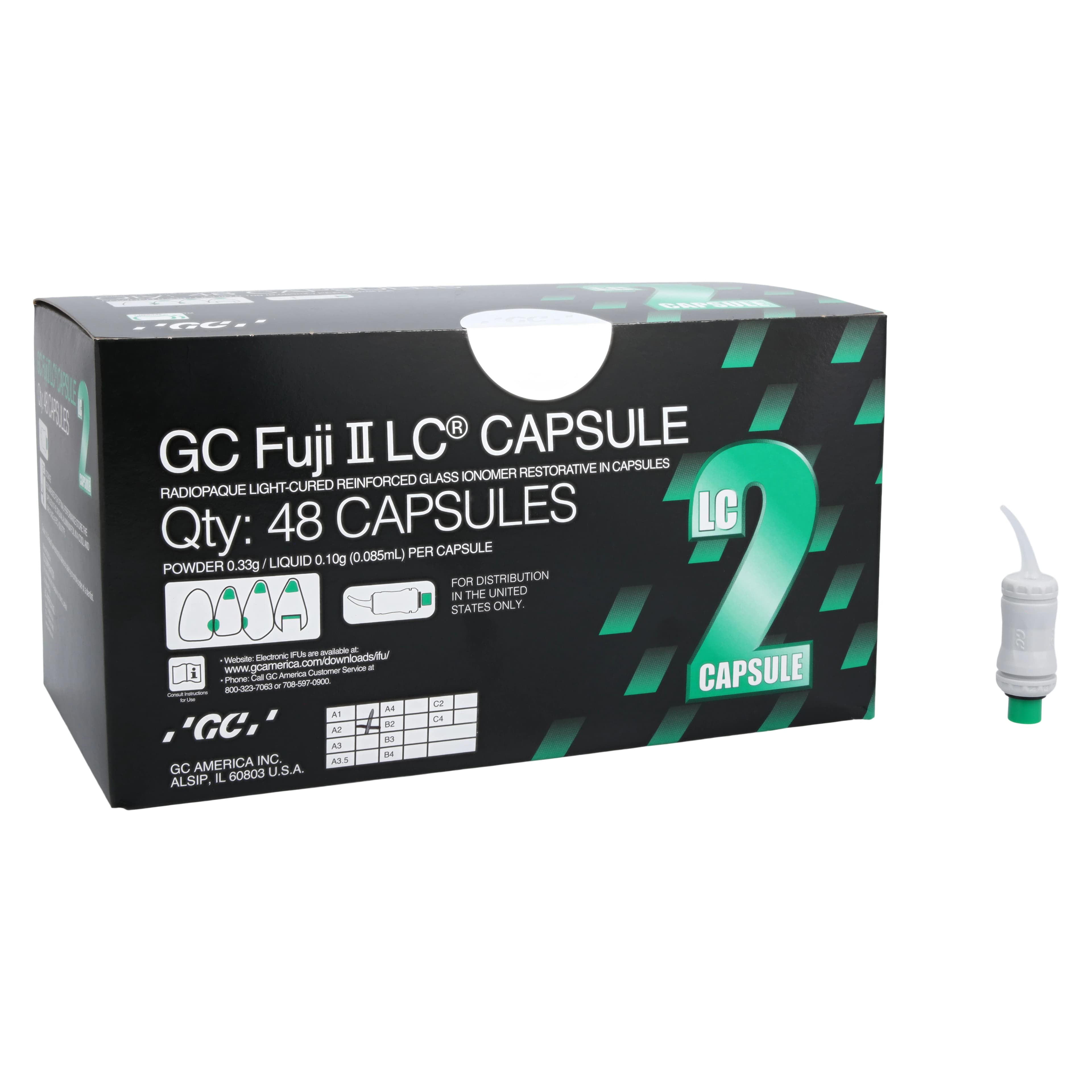 GC Fuji II LC Light-Cured Resin-Reinforced Glass Ionomer Restorative Capsules, Shade A2, 0.1 mL, 48/Box, 425002 - GC Fuji II LC Capsules 48/Box - Image 1