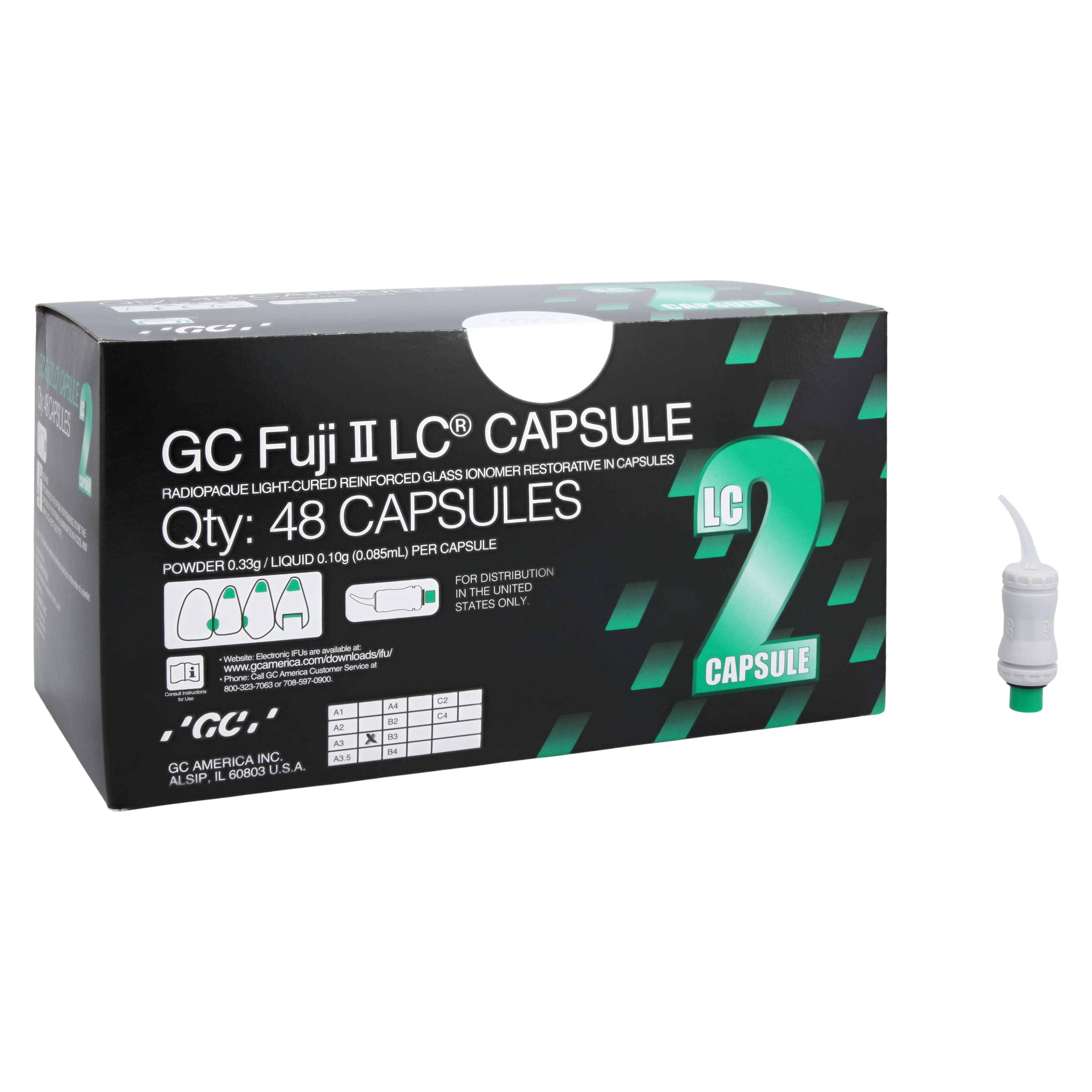 GC Fuji II LC Light-Cured Resin-Reinforced Glass Ionomer Restorative Capsules, Shade A3, 48/Box, 425003 - GC Fuji II LC Capsules 48/Box - Image 1
