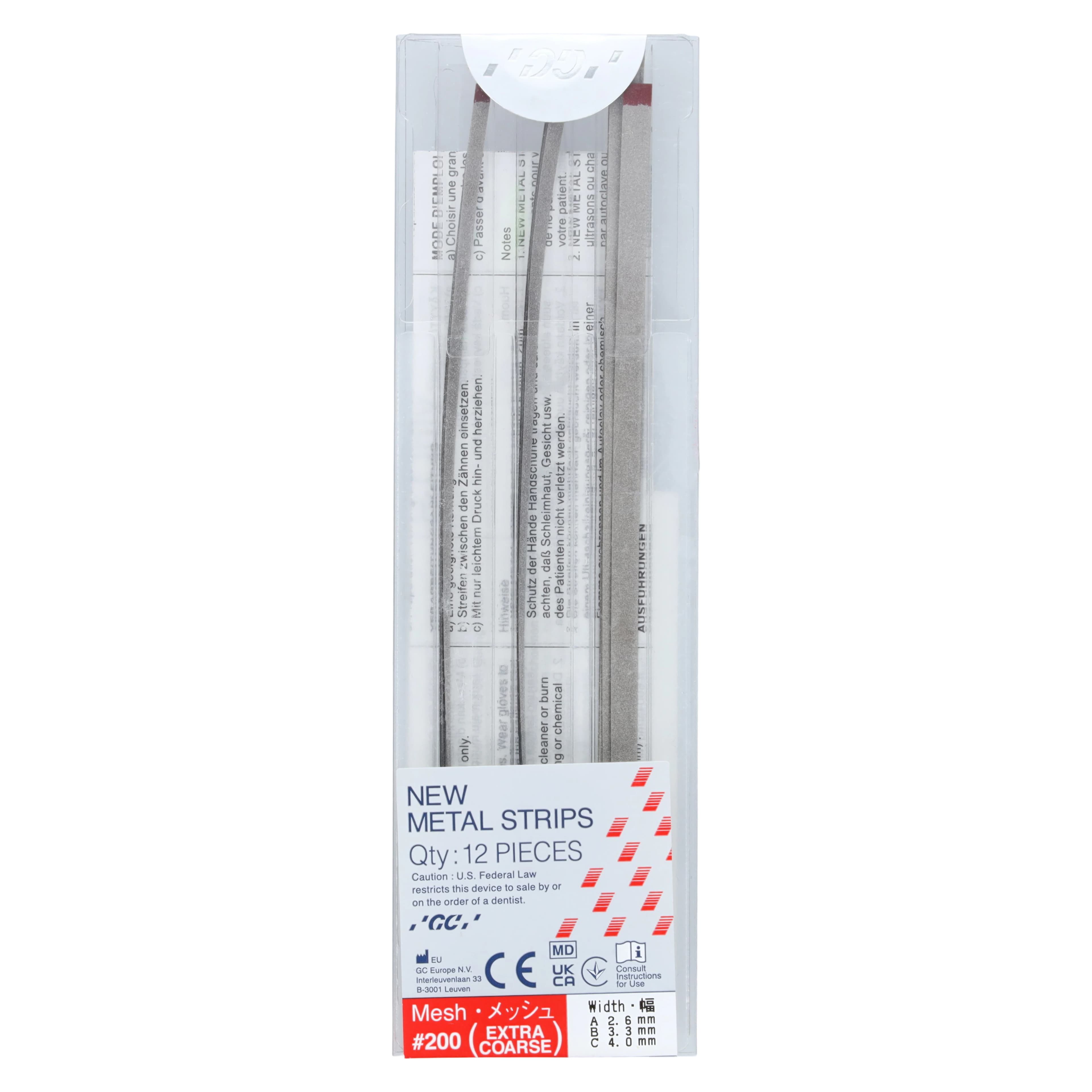 GC America Metal Finishing Strips, X-Coarse #200 Mesh (140 Micron), Red, Assorted Widths (2.6mm, 3.3mm, 4.0mm), 12/Pkg, #000251 - GC America - GC NEW METAL FINISHING Strips X-Coarse #200 Mesh - Asst Pkg. (140 micron) - Image 1