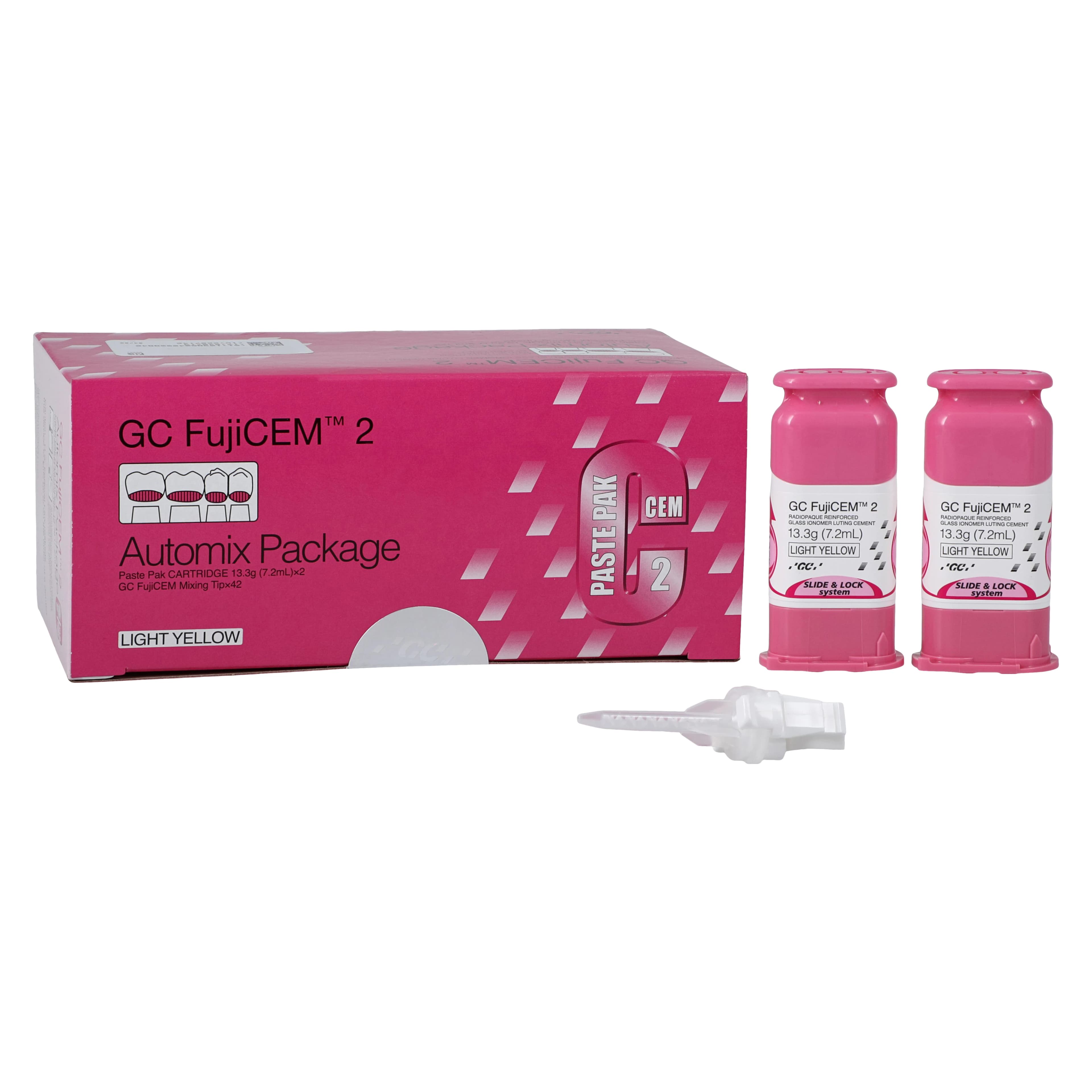 GC FujiCEM 2 Automix Package, Resin-Modified Glass Ionomer Luting Cement, 2 x 7.2 mL (13.3 g) Cartridges with 42-44 Mixing Tips, #441000 thumbnail 2