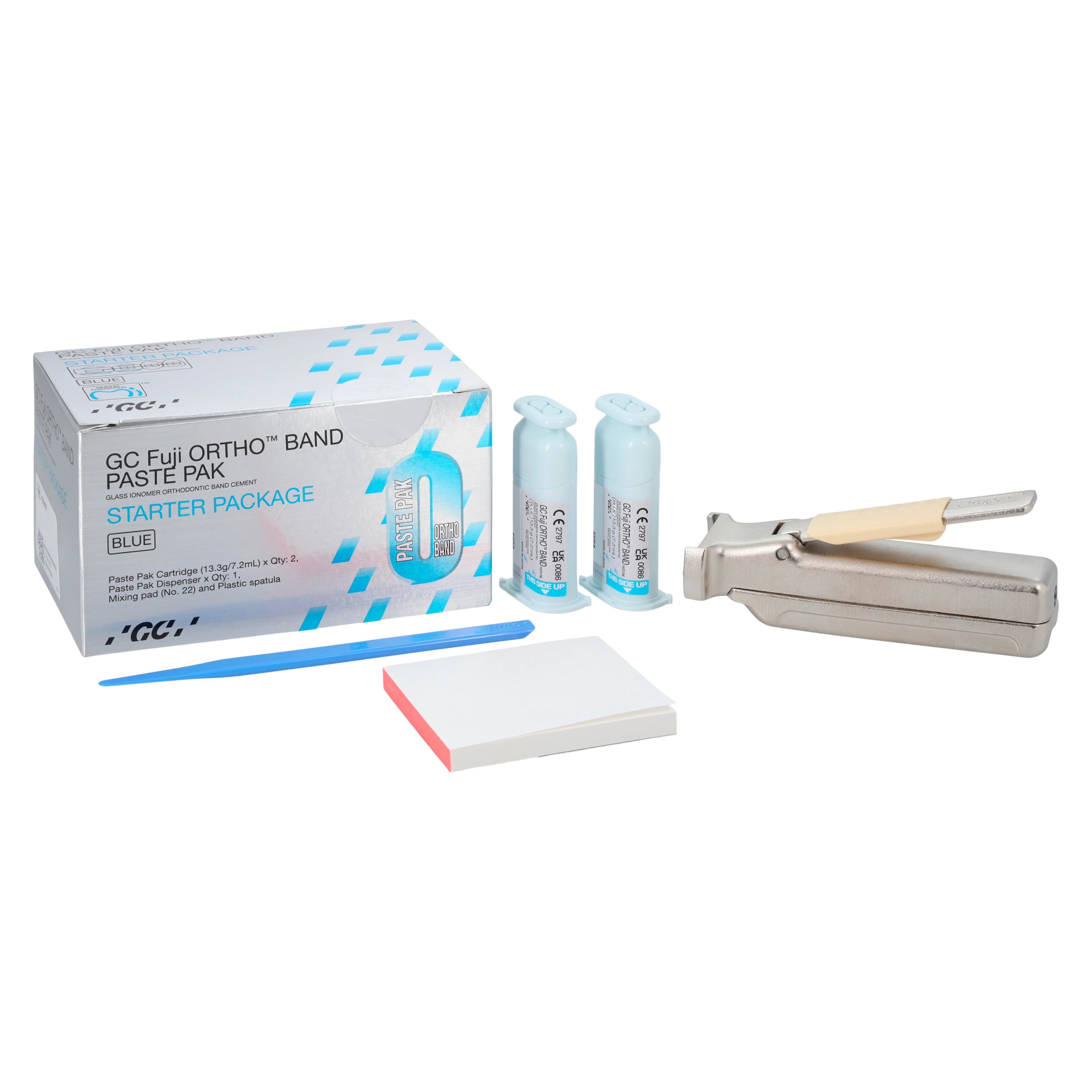 GC Fuji ORTHO BAND Paste Pak Starter Kit, Blue Resin-Modified Glass Ionomer Orthodontic Band Cement, 2 x 13.3 g (7.2 mL) Cartridges, 439460 thumbnail 2